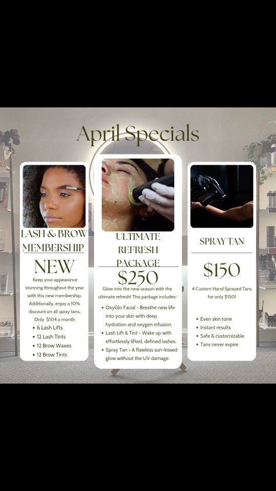 Check out this month's specials! New package and new memberships 🤗
.
Lash & Brow Membership: keep those lashes and brows in check all year! Package includes 6 lash lifts and 12 lash tints, brow waxes and brow tints. $104 a month and includes 10% off all spray tans 🌞
.
Ultimate Refresh Package: Available for this month only! Buy now, services never expire. Includes 1 Oxyglo Facial, 1 lash lift and tint, and 1 spray tan. All for only $250 😲
.
Spray tan package is expiring this month! Grab your tans before they're gone! Only $150 for 4 custom blended hand sprayed tans. Tans never expire.
.
#kensingtonmd #kensingtonmdspraytan #kensingtonmdlashes