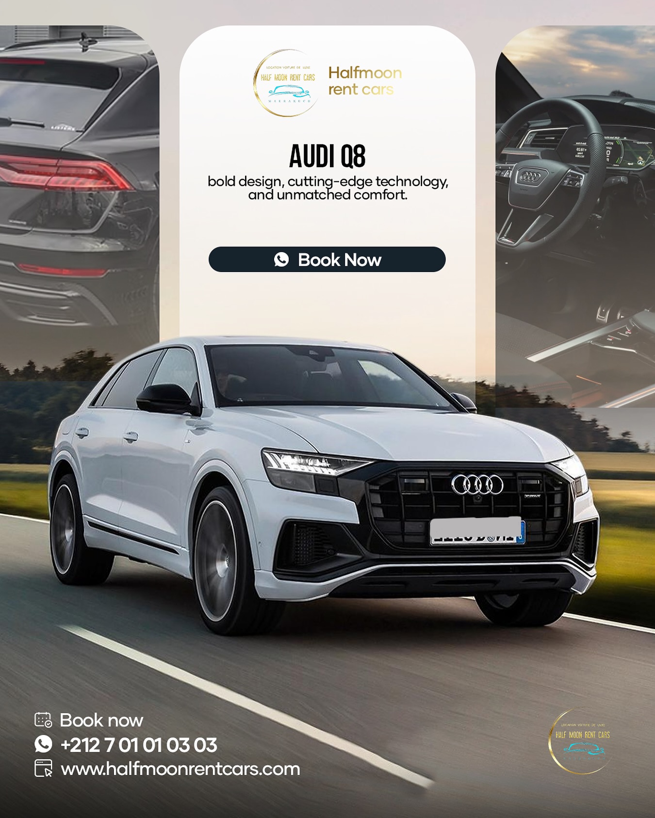 Audi Q8, Dominate the road with power and prestige. The Audi Q8 is waiting for you! 🔥
.
Book your ride now: +212 7 01 01 03 03
.
.
.
#AudiQ8 #LuxuryTravel #HalfmoonCars #cars #fast #speed #comfy #luxury
