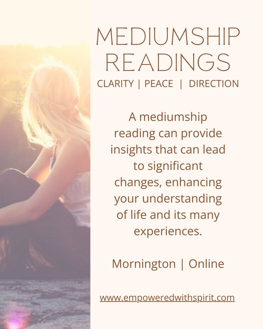 Are you seeking answers to help you move forward in your life? A mediumship reading can give you clarity and direction for you to find peace and make sense of your life.
.
Appointments available online or in person at Mornington. Payment available on the day.
.
https://www.empoweredwithspirit.com/mediumshipreadings
.
#morningtonpeninsula #mediumshipreadings #healing #readings #medium #mornington