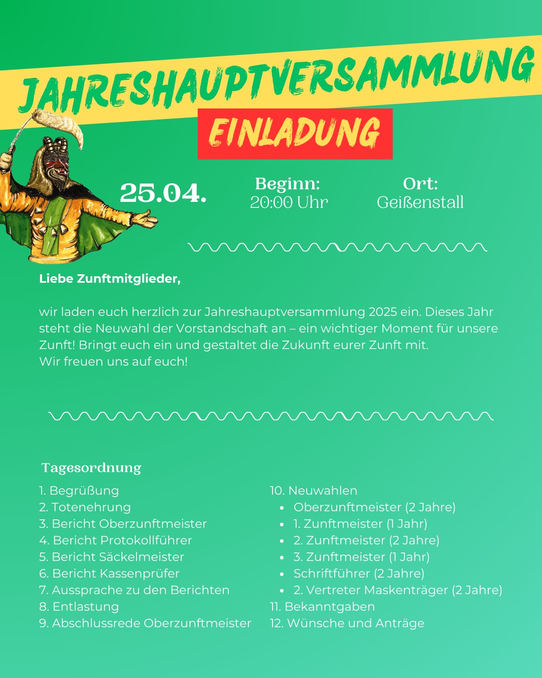📣 Bald ist es wieder so weit: Unsere Jahreshauptversammlung steht an! Dieses Jahr mit Wahlen für eine neue Vorstandschaft – also kommt zahlreich und bringt euch ein. Gemeinsam gestalten wir die Zukunft unserer Zunft! 💪 #NZSchonach #neuerOZM #JHV2025 #schonach