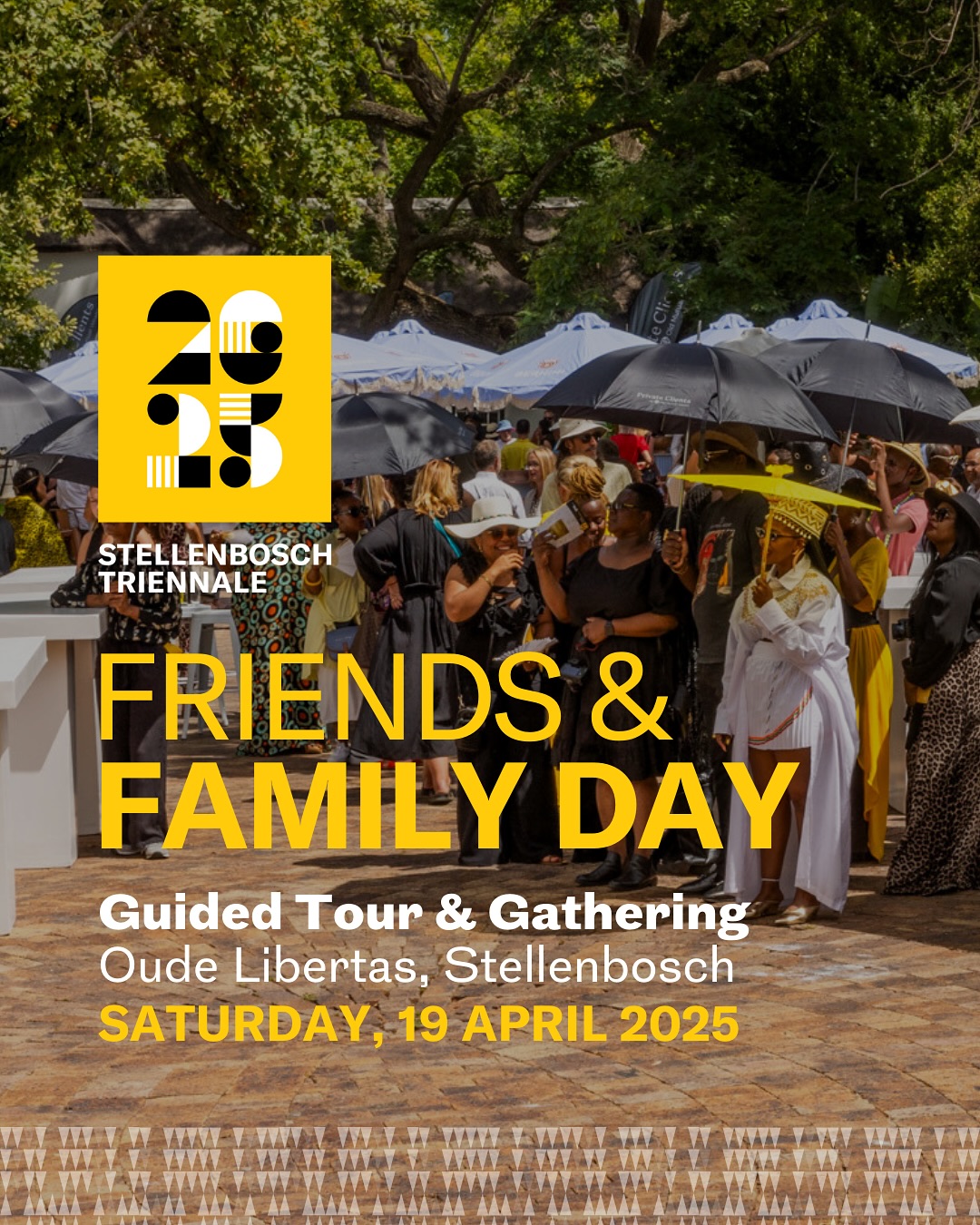 You’re invited: Friends & Family Day at the Stellenbosch Triennale 🌿
On Easter weekend, we’re grounding ourselves in art, spirit, and shared stories. Whether you’re far from home or just seeking a deeper connection, join us for an afternoon of togetherness at Oude Libertas - where we’ll break bread, sip, wander, and reflect through the spaces of the Triennale.
As an exclusive final opportunity to experience a guided tour with our Chief Curator Khanyisile Mbongwa; expect an enriching curatorial tour, moving between installations, film, performance, and sound. This is a gentle gathering to share water, share space, and share presence.
🗓 Saturday, 19 April 2025
⏱ 13:00 – 18:30
📍 Oude Libertas, Stellenbosch
🎫 Free & open to all
🧺 Bring a dish or goodie basket to enjoy time on the lawns | drinks and snacks will be available.
🚖 Parking available
TOUR HIGHLIGHTS:
13:00 – 13:30 | @torkwasedyson
13:45 – 14:45 | Film: Untitled (2024) by Campbell X, Jaguar Song (2025) by Yax Ixi’im Ek Balam, Language Against Identity (2024) by Santiago Mostyn
15:00 – 16:00 | @manyaku_mash, @ndzube_studio, @nandelemaguni, @zeruhelen, @1alinemotta
16:35 – 17: 00 | Film: Black People Dont Get Depressed (2024) by Sara Chitambo-Hatira
17:15 – 18:30 | godelivekasangati, @thierryoussou, @takunda_regis_billiat, @tulimekondjoetuna, @simphiwebuthelezistudio, William Miko, @studioalexandrekyungu_, @lebohang_kganye, @astridgonzalezq
Come as you are, and bring your friends, your family - chosen or given - and let’s share this moment together.
#StellenboschTriennale #FriendsAndFamilyDay #EasterWeekend #ArtAndCommunity #BreakBread #OudeLibertas #CuratorialTour #ShareSpace #ContemporaryAfricanArt