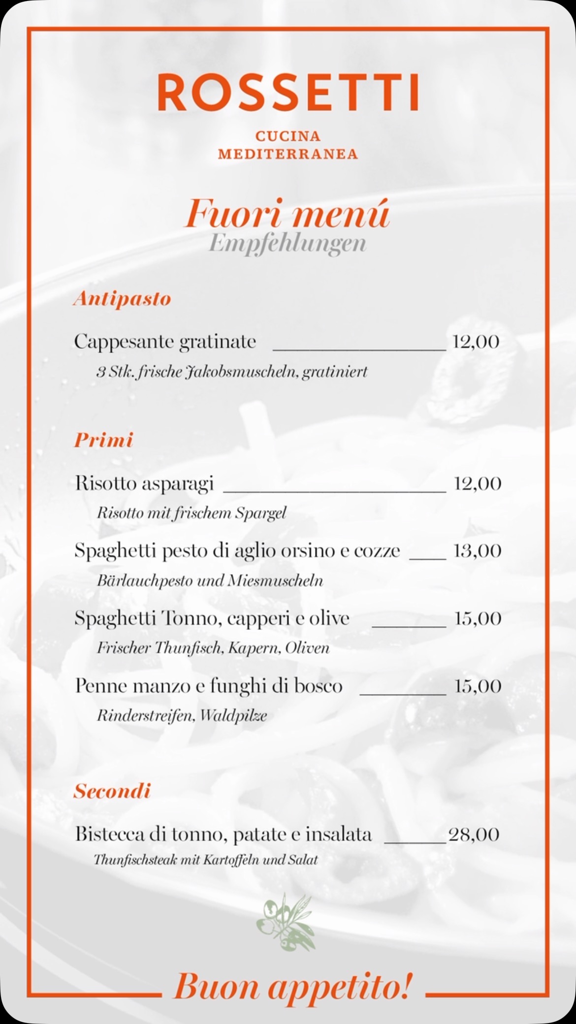 Lasst Euch die Gerichte von unserer neuen Empfehlungskarte schmecken 😋 Gratinierte Jakobsmuscheln, Risotto mit frischem Spargel, Penne mit Rinderstreifen, Thunfischsteak und weitere Leckereien lassen Euren Gaumen vor Freude tanzen 😜
Alle Primi-Gerichte sind natürlich auch in unserem Mittagsangebot inkl. Salat und kleinem Getränk für 5,- € Aufpreis erhältlich.
Buon appetito und bis bald 🤗
#rossetti #cucinamediterranea #passau #trattoria #italienischgeniessen #mediterran #foodlover #fisch #steak #vegetarischgenießen #vegan #passauliebe #mittagsangebot #mittagspausegeniessen #mediterran #passauliebe #inmoodforfood