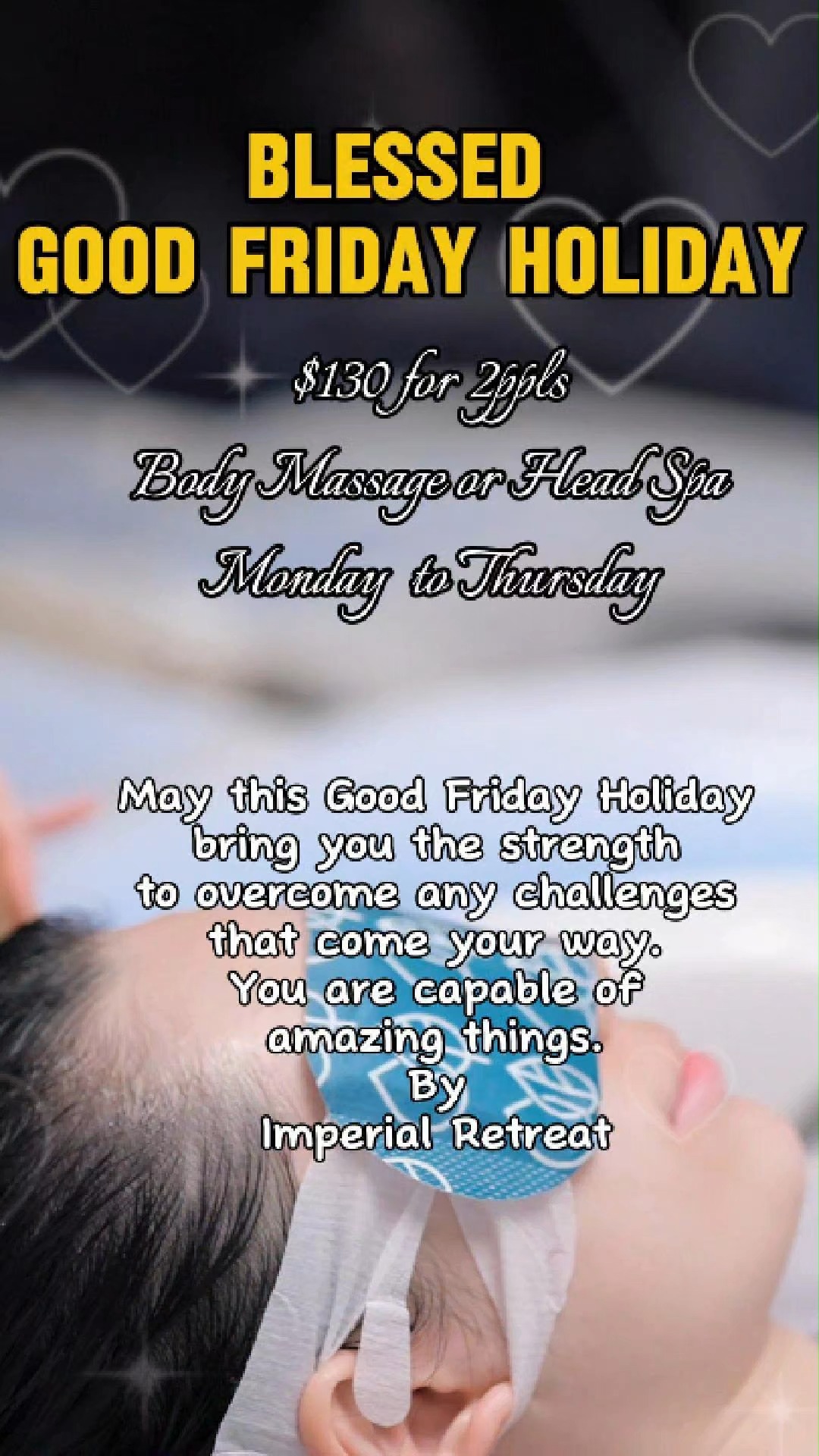 🌸🇨🇦 Celebrate Good Friday with the Gift of Relaxation! 🇨🇦🌸
This Good Friday, treat yourself & a loved one to a peaceful escape at Imperial Retreat 💆♀️💆♂️💖
✨ Special Offer:
👫 1 Hour Couples Body Massage OR
🧖♀️🧖♂️ 1 Hour Couples Head Spa
👉 ONLY $130 for 2 people!
Offer only for Monday to Thursday
Whether you're looking to unwind your body or refresh your mind, we've got you covered 💜
📍 Visit us at:
5555 Eglinton Ave West, Unit 215-219
📞 Call to book: 647-800-0600
🌐 Book online: www.imperialretreat.com
🧘♀️✨ Relax Together. Reconnect Together. ✨🧘♂️
👉 Tag someone you’d bring for this perfect spa day!
#headspa #selfcare #massagetherapy #thingstodo #torontolife #mississauga