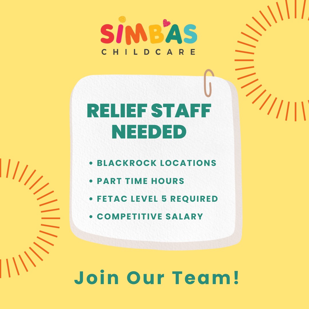 We're Hiring Relief Staff! 🌟
Do you have a FETAC Level 5 qualification in Childcare and are available for part-time hours? We’d love to hear from you!
Join our friendly team in Blackrock and enjoy flexible relief hours with competitive pay.
📧 Apply now by sending your CV to hello@simbas.ie
#jobfairy #blackrock #childcare #earlychildhoodireland