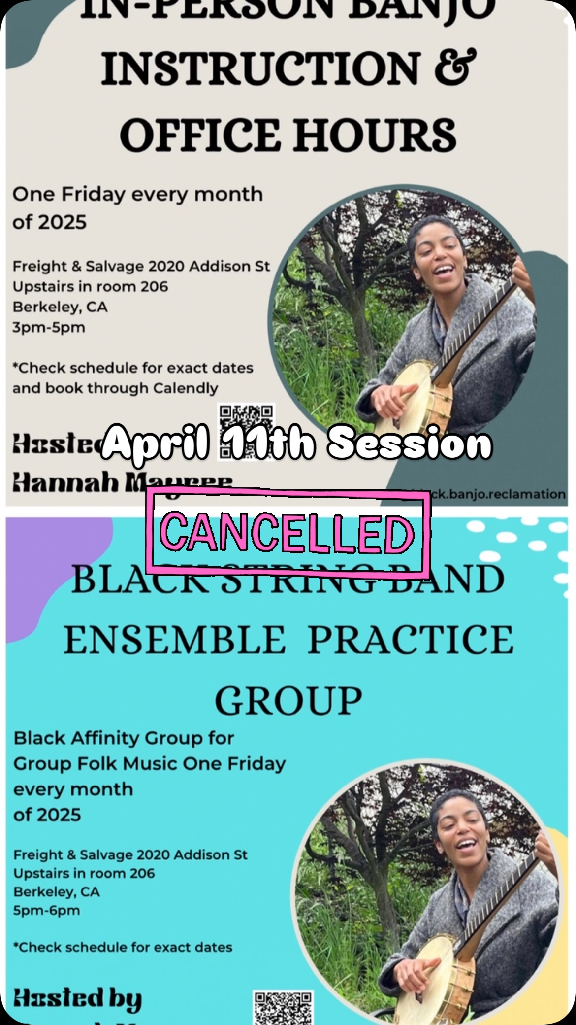Hey Folks! April is a very busy month for @black.banjo.reclamation project. We won’t be able to host our monthly Bay Area Meet at the @freightandsalvage but we will be back as usual Friday May 16th for more in person lessons and our Black String Band Ensemble!
We have lots more exciting news happening in April so sign up for our news letter if you haven’t already and look out for our monthly meet ups in New York as well as new affinity spaces popping up around the country. We also can’t wait for @biscuitsandbanjosfest at the end of the month! We will see you soon! 🪕🪕🪕🎶🎶🎶✨✨✨🥰🥰🥰🛫🛫
