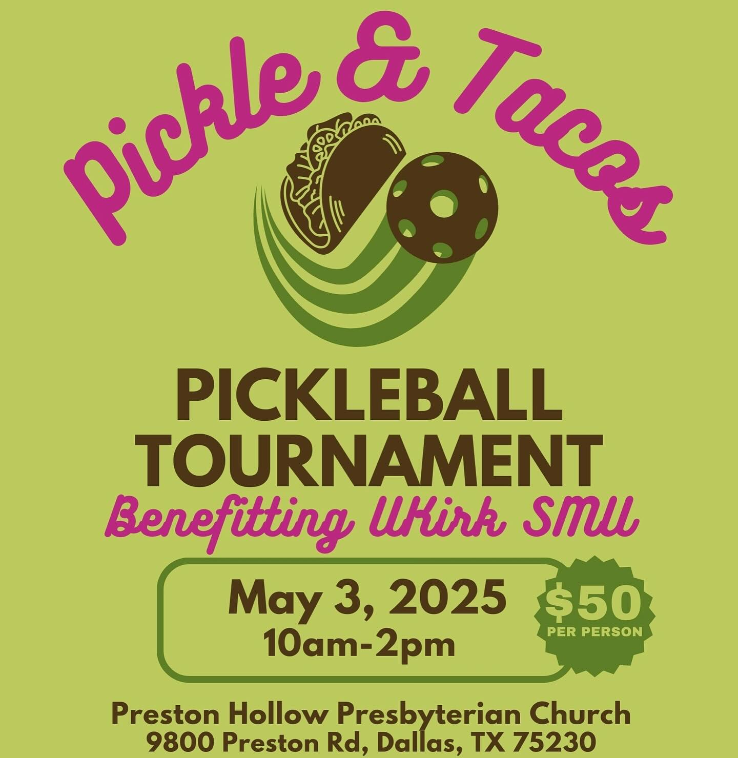 Do you like pickleball? 🏓
Do you like tacos? 🌮
We have a tournament for you!! 🎉
You’re invited to our Pickle & Tacos fundraiser!! Sign up link in our bio!
Don’t want to play, but still want to come and eat tacos? Great! You’re invited too! We’ll have raffle prizes and other games!
Want to have a court named after you because you’re a big dill? 😂 Great! DM for court sponsorships!
Sat, May 3, 10am-2pm
Preston Hollow Presbyterian Church
See you there!! 🎉🎉