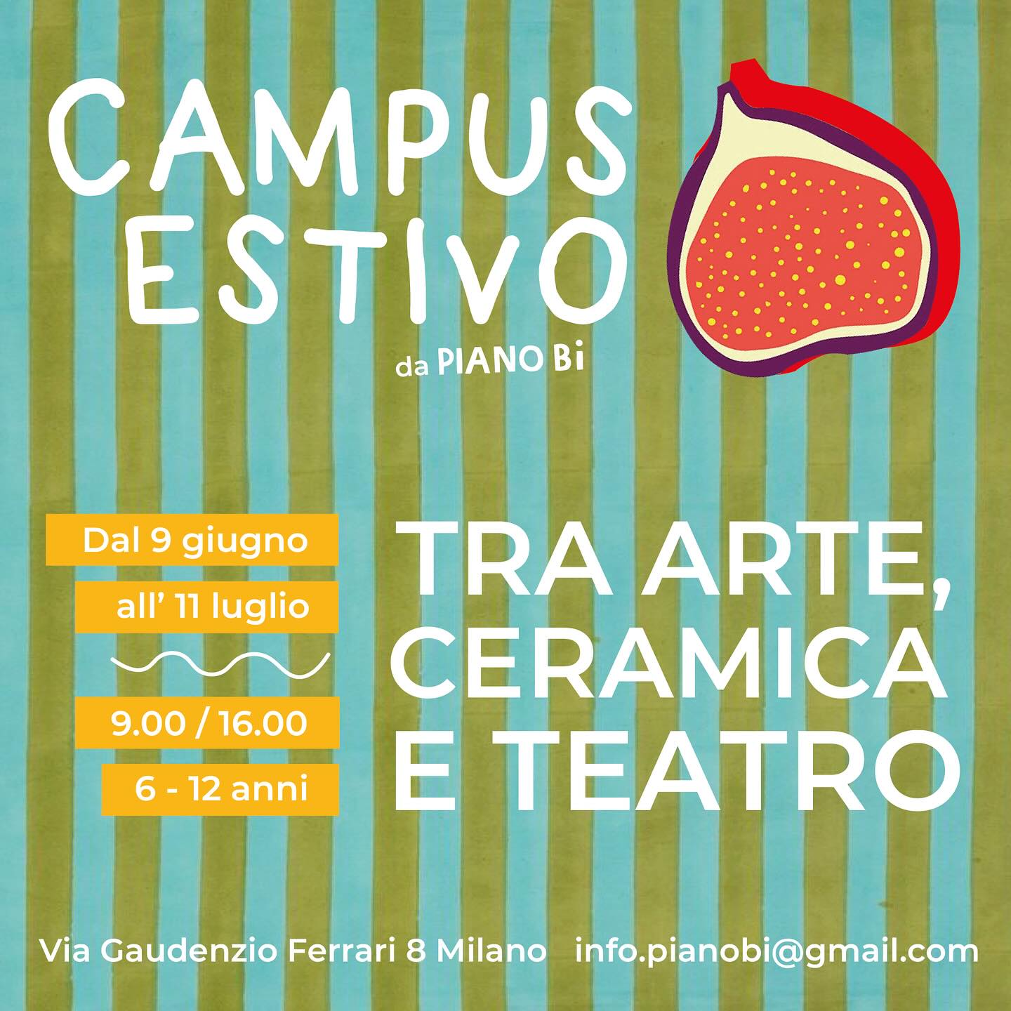 La senti l’aria d’estate? ⛱️ 🍉 🌞
TORNANO I CAMPUS DI PIANO Bi!
Cinque settimane dedicate all’arte e alla creatività, per bambini dai 6 ai 12 anni.
Tutte le info sul nostro sito, per prenotazioni scrivi an info.pianobi@gmail.com 🍧