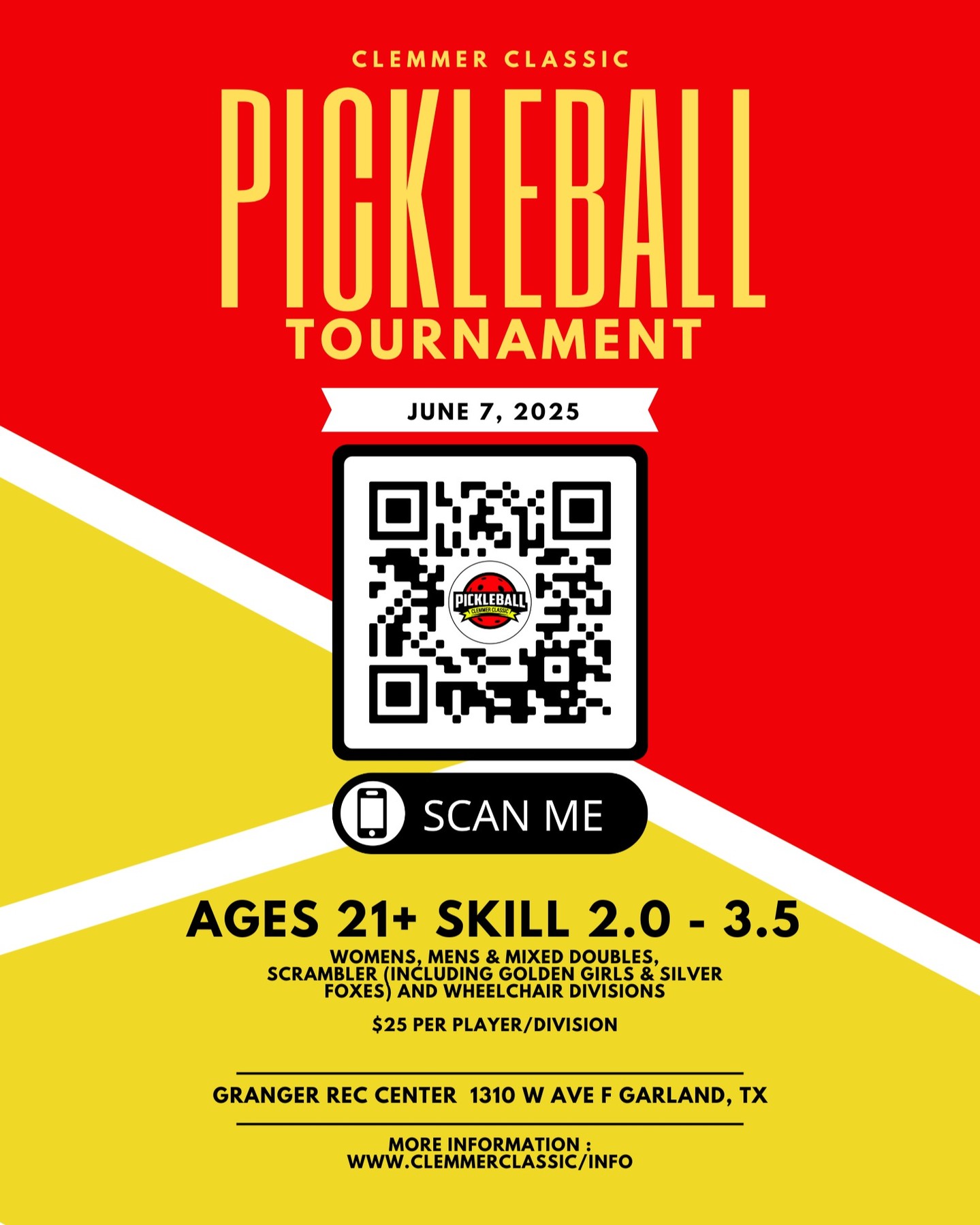 The Clemmer Classic pickleball team is excited to partner again with the Granger Recreation Center in Garland, TX to host another fun pickleball tournament on Saturday, June 7th.
This indoor tournament will have pickleball doubles divisions for Men, Women, Mixed, Scrambler and Wheelchair beginner and intermediate teams (skill levels 2.0 - 3.5).
Registration is open and the cost is $25 per player per division ($15 for wheelchair players). Registration will be managed on the Garland Granger Rec Center website.
#dallaspickleball
#garlandpickleball
#pickleballnorthtexas
#planopickleball
#pickleballlife
#pickleball
#pickleballrocks
#pickleballaddict
