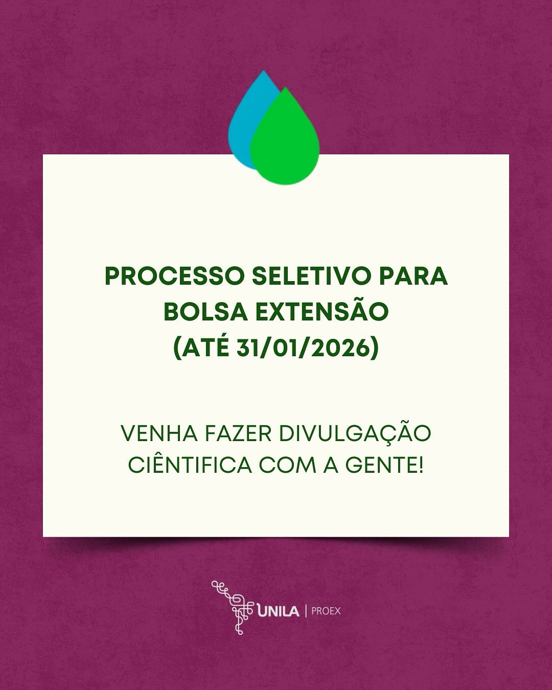 Olá Pessoal! Está aberto o processo Seletivo para Bolsa de Extensão 📢
Quer fazer parte da nossa equipe e contribuir para a conscientização sobre arboviroses? Então não perca essa oportunidade!
Para se candidatar, basta enviar um post para Instagram sobre arboviroses, com 5 a 7 slides, até dia 14/04/2025 às 14h. Use o conteúdo do @ecologiaesaude como inspiração!
Envie sua arte para o nosso email👇
ecologiasaudeunila@gmail.com
.
.
.
.
.
.
#processoseletivo #bolsadeextensão #arboviroses #saudepublica #conscientizacao #ecologiaesaúde