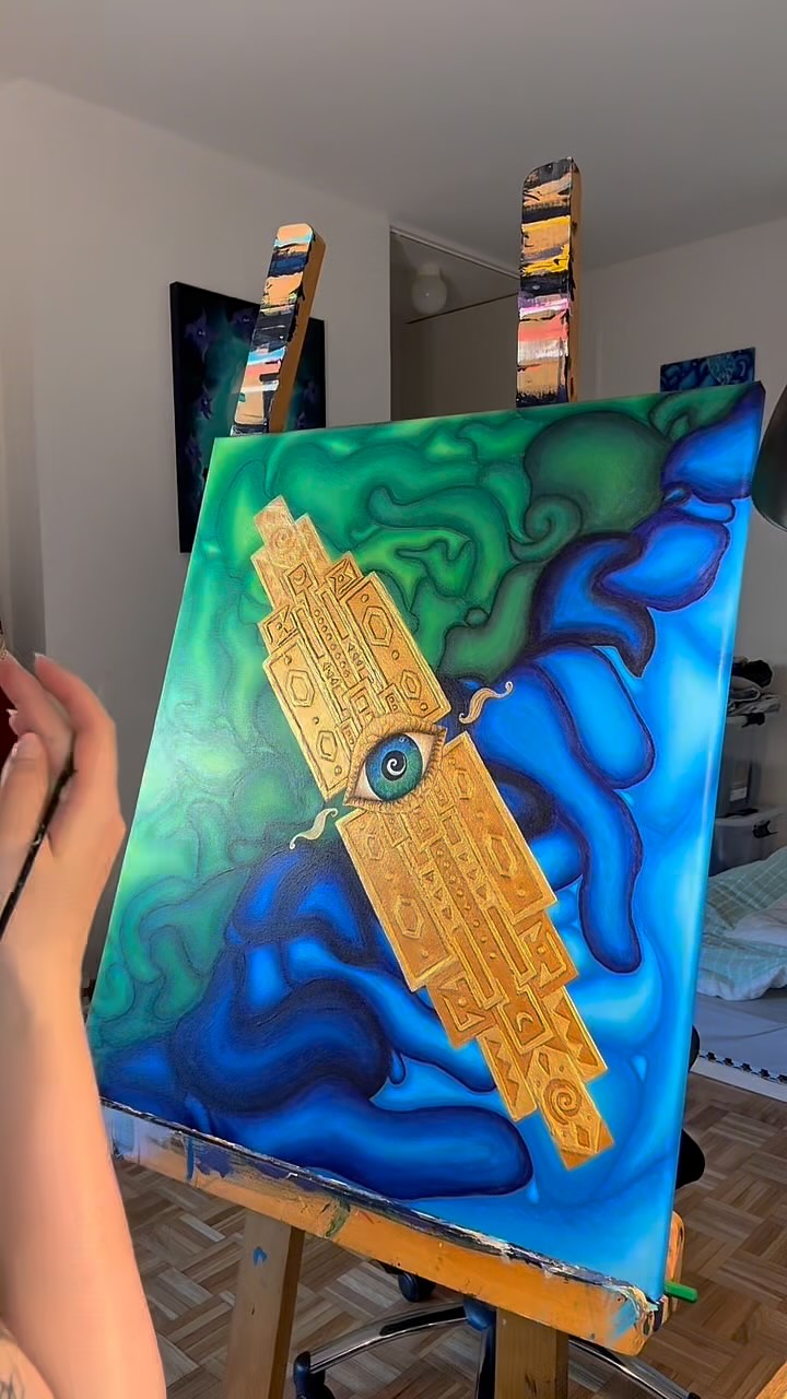 Final moments of an almost yearlong adventure 💫 final picture coming soon ☺️. #abstractart #artinmotion #creativejourney #greenandblue #artdaily #timelapse #acrylicpainting #colorfulart #inspirecreativity #spiritualart #psychedelic #meditation #love #fusion