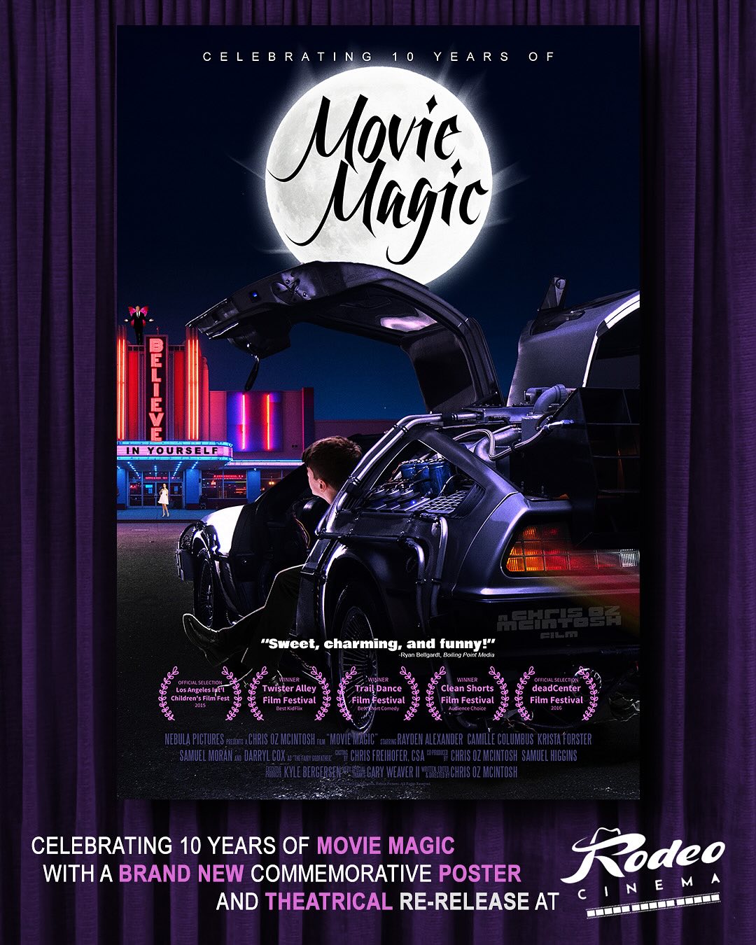 “MOVIE MAGIC” THEATRICAL RE-RELEASE!
After I graduated from OU 10 years ago, I took my final student film “Movie Magic” on the film festival circuit. The no-budget family oriented short played festivals across the country and won a handful of awards along the way. The film opened a lot of doors for me and kickstarted my career.
Nearly a decade later, imagine my surprise when the kind folks at @RodeoCinema reached out about doing a theatrical run of “Movie Magic” this spring! 🥹❤️ For the next THREE WEEKS, “Movie Magic” will precede every public showtime at the Rodeo Cinema, including screenings of the new “Count of Monte Cristo,” “Everything Everywhere All At Once,” the classic “Robin Hood” and MORE! 🤯 🎥 To celebrate this 10th Anniversary re-release, I have designed BRAND NEW key art that makes me nostalgic for both the film and my own childhood.
Go grab some popcorn and catch a flick at Oklahoma City’s oldest movie theater between now and April 20. THANK YOU @rodeocinema and @shanmoree, and thank you to the band of selfless people that helped make this film happen back in 2015. It takes a village. #okiefilm #oklahomafilm #indiefilm #delorean #moviemagic #nostalgia