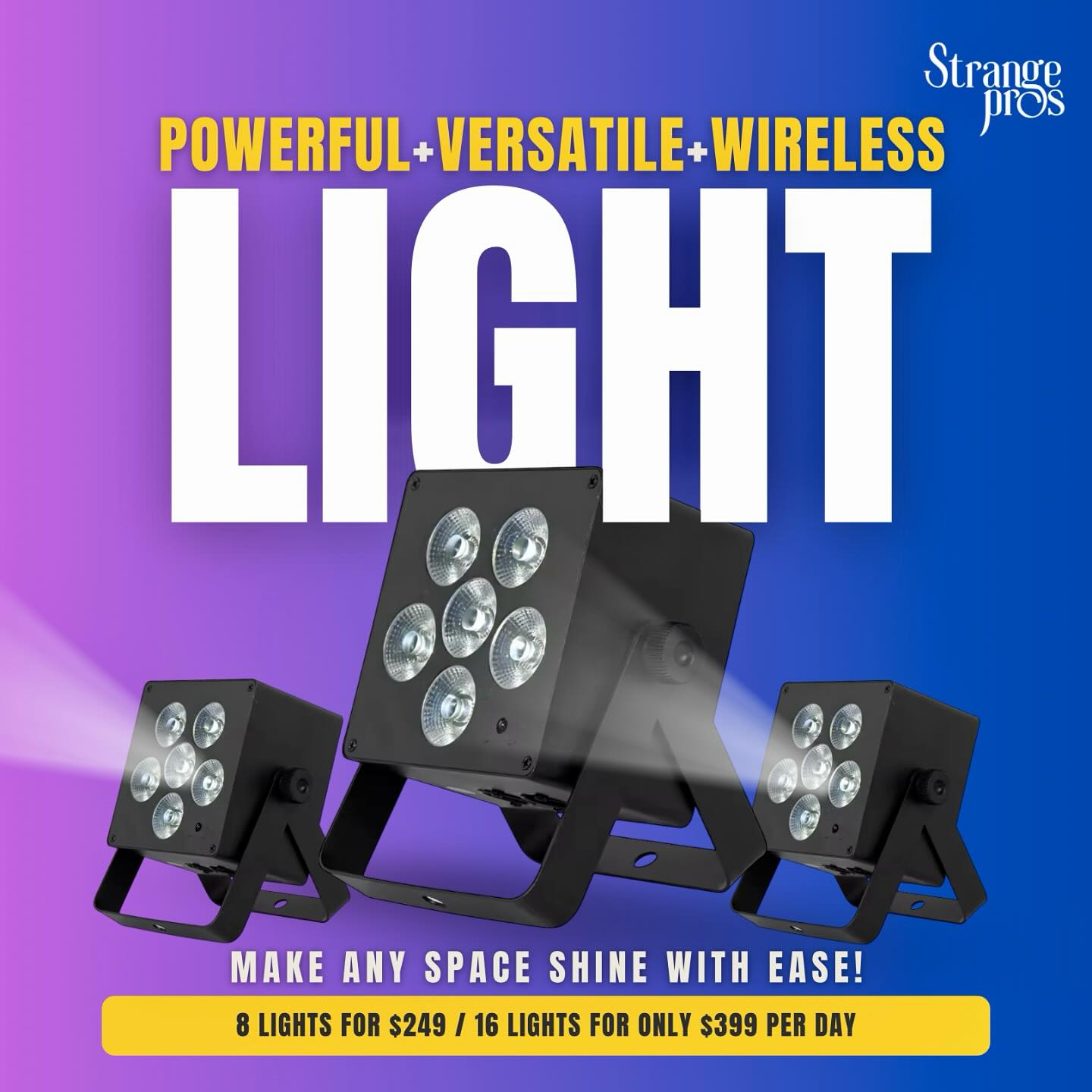 Illuminate Your World with Our New LED Battery Lights!
Transform any space into a dazzling masterpiece with our powerful, compact, and wireless LED battery lights. Whether you’re hosting an indoor gala or an outdoor celebration, these versatile lights will elevate your event to the next level.
**Limitless Possibilities:**
Choose from countless color options to create the perfect ambiance. Use them as uplights, washes, architectural lighting, or even battery-powered stage lighting!
**Why Choose Our LED Battery Lights?**
- **Powerful Performance:** Brighten your event with vibrant lighting that captivates your audience.
- **Compact Design:** Easy to transport and set up, making them ideal for any occasion.
- **Wireless Freedom:** No more tangled cords! Enjoy hassle-free lighting solutions wherever you need.
Don’t let your event blend in—let it shine! Outshine the competition and create unforgettable memories with our LED battery lights. Order yours today and let your event shine! #strangepros #elevateandcelebrate #callthepros