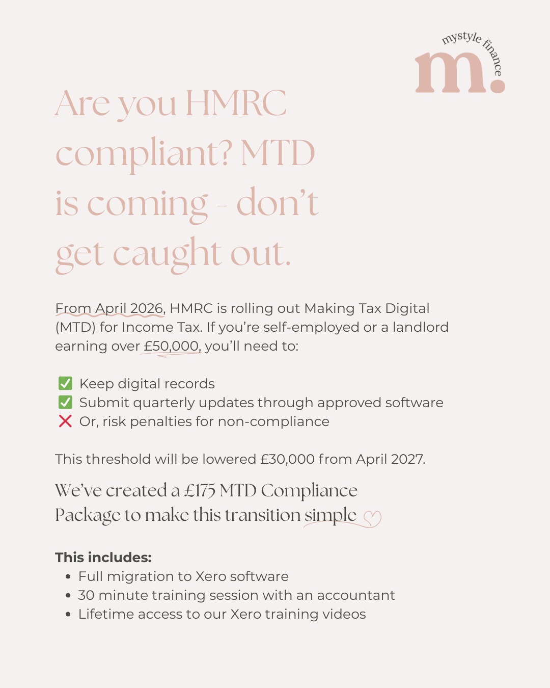 New MTD rules are rolling in - and HMRC isn’t messing about. 🙅♀️
From 2026, digital tax records and submissions will be mandatory for those earning over £50k. From 2027, this threshold will be lowered to £30k.
Xero is one of the easiest ways to stay compliant - we'll set it up, train you, and even give you lifetime video access, all for £175. 🙌
#selfassessment #freelancer #tax #taxchanges #mtd #makingtaxdigital #xero #selfemployed #selfemployeduk #womeninbusinessuk #womeninbusiness #photography #copywriter #graphicdesigners #graphicdesign