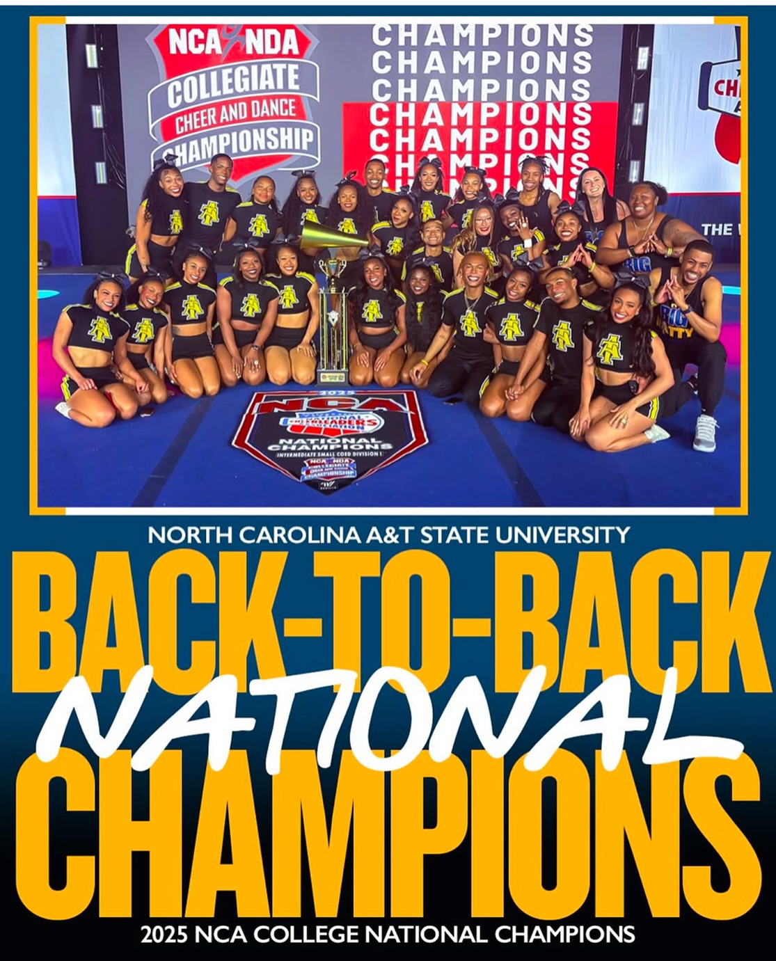 BACK-TO-BACK CHAMPS!
North Carolina A&T – NCA College Nationals Champions once again ♠️
Huge congratulations to the athletes and coaches for showing out this weekend — for yourselves first, and always for the culture. Congratulations to the families and friends for their undying support of these champions!
Keep pushing the standard with class, grace, and power. We’re beyond proud of you all!
#NCAT #AggiePride #BackToBack #NCANationals #ForTheCulture #HBCUPower #Champions