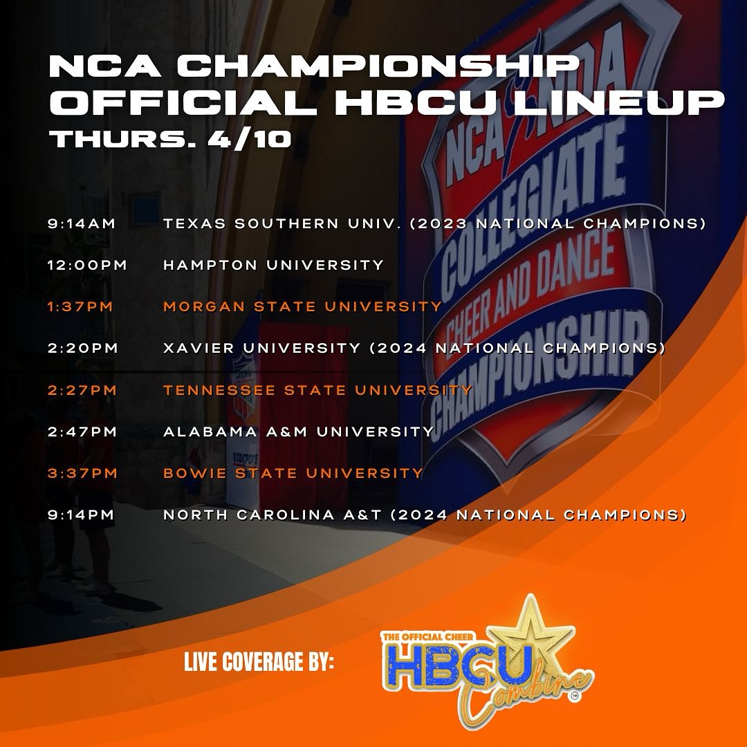 The teams are packing their bags and heading to Daytona & SO ARE WE!
The Official HBCU Lineup at the NCA Collegiate Cheer Nationals is available.
#nca #hbcucheer #cheerhbcucombine