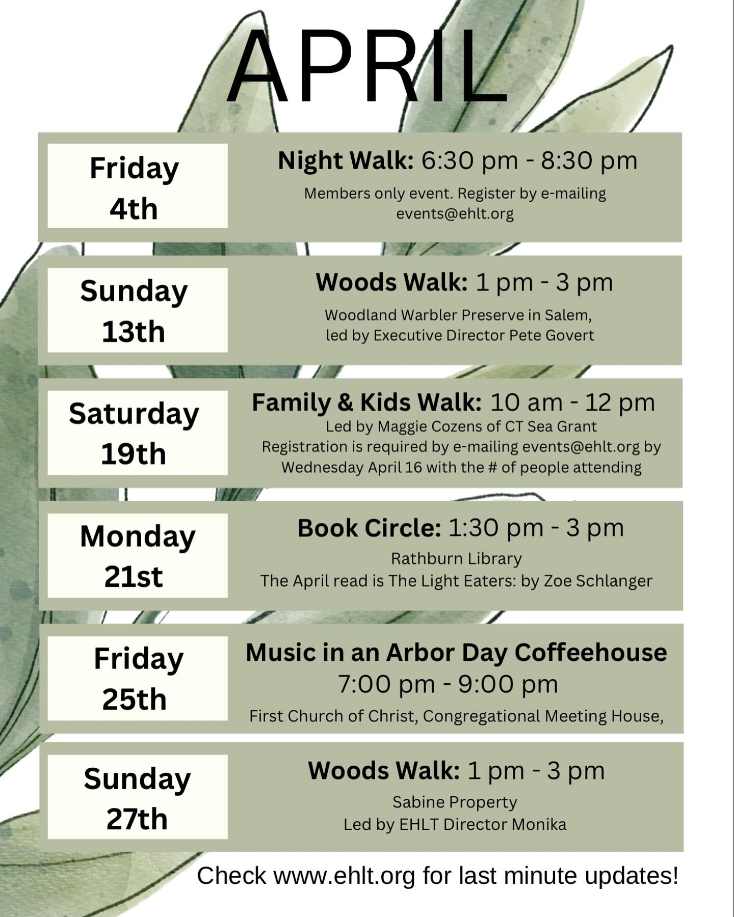 Tons of fun events this month. Join us on a walk or if that doesn’t work for you, for a book club or music circle.