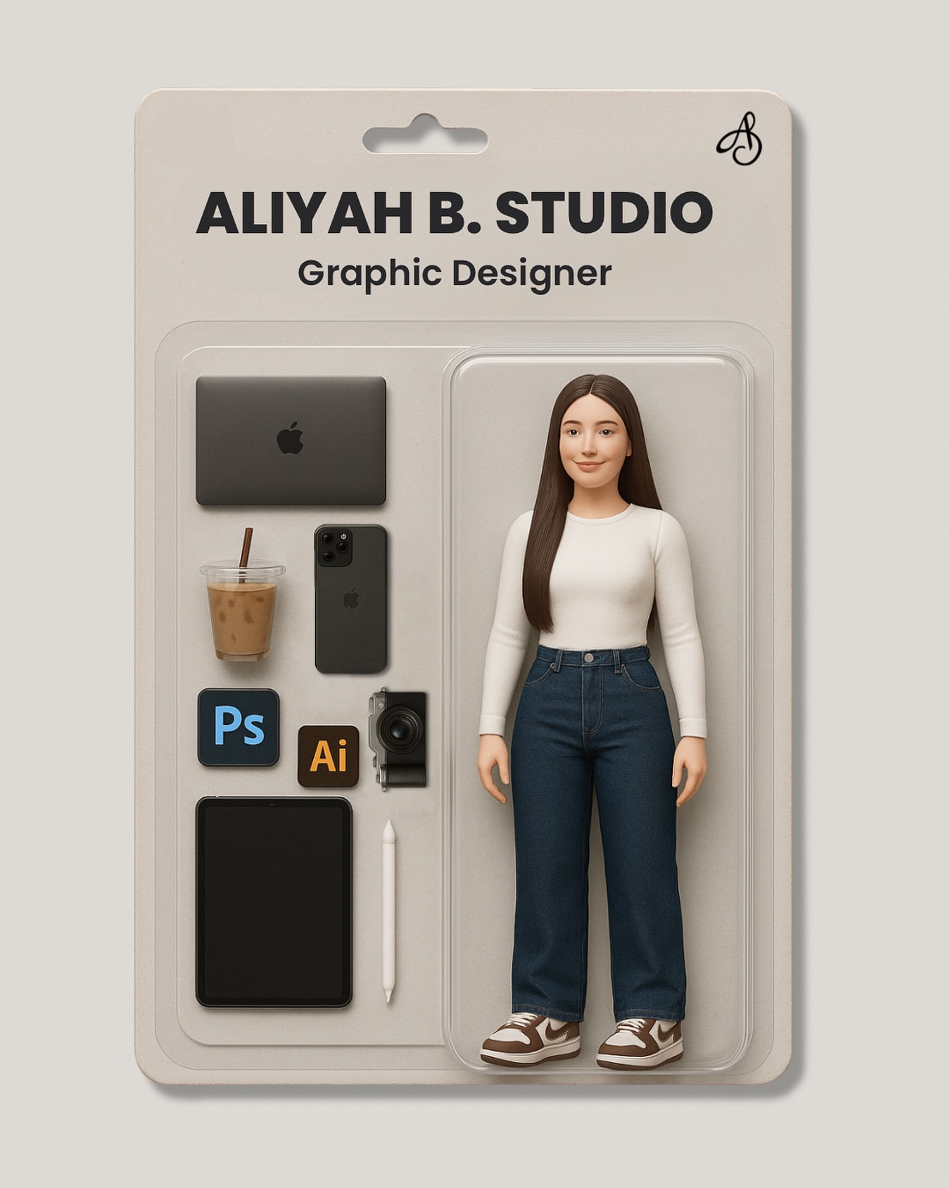 loved this new trend so I had to try it out myself!
It took a while to get something decent looking and what I envisioned, so I included my ChatGPT prompt below for anyone who wants to give it a try!
*Make sure to add in your details where I put mine!*
Prompt: Create a 3D rendered action figure packaging of a female graphic designer in her early 20s named “Aliyah B. Studio.” The packaging should be inspired by vintage toy designs with a modern twist. The action figure stands on the right side of the package, smiling softly (no teeth), wearing Nike dunk low brown & white shoes, wide-leg high-waisted dark blue jeans, and a fitted white long sleeve shirt. She has fair skin, straight dark brown hip-length hair, brown eyes. pink lips. The left side of the packaging displays mini realistic accessories: a black MacBook Pro, black iPhone, clear plastic cup of iced coffee, Sony camera, Adobe Photoshop and Illustrator badges, black iPad, and Apple Pencil. The entire packaging and background is a soft greyish white with the name “ALIYAH B. STUDIO” in bold vintage typography at the top, and the label “Graphic Designer” below it. Include a clear plastic bubble to hold the figure and accessories inside. Make everything look like a physical toy product.
#branddesigner #graphicdesigner #chatgptprompts #aiactionfigures #graphicdesign