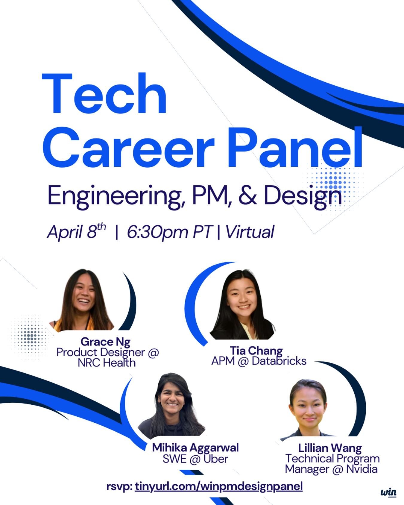 Interested in Engineering, Product Management (PM), or Design roles? RSVP for our tech career panel at the link in bio! 👩💻
Details:
- Tuesday, April 8th, 6:30pm PT / 9:30pm PT
- Live on Zoom