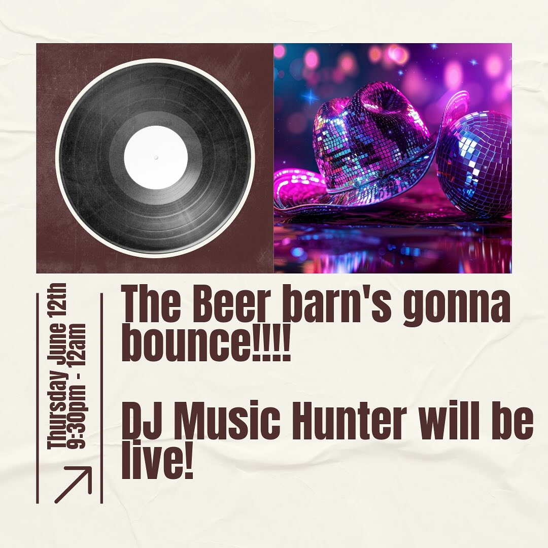 Y’all ready? The Beer Barn will be open all weekend in 2025, and we’re kicking it off in style! Join us Thursday, June 12th for DJ Music Hunter from 9:30 to 12 AM. Come for the drinks, stay for the barn party!