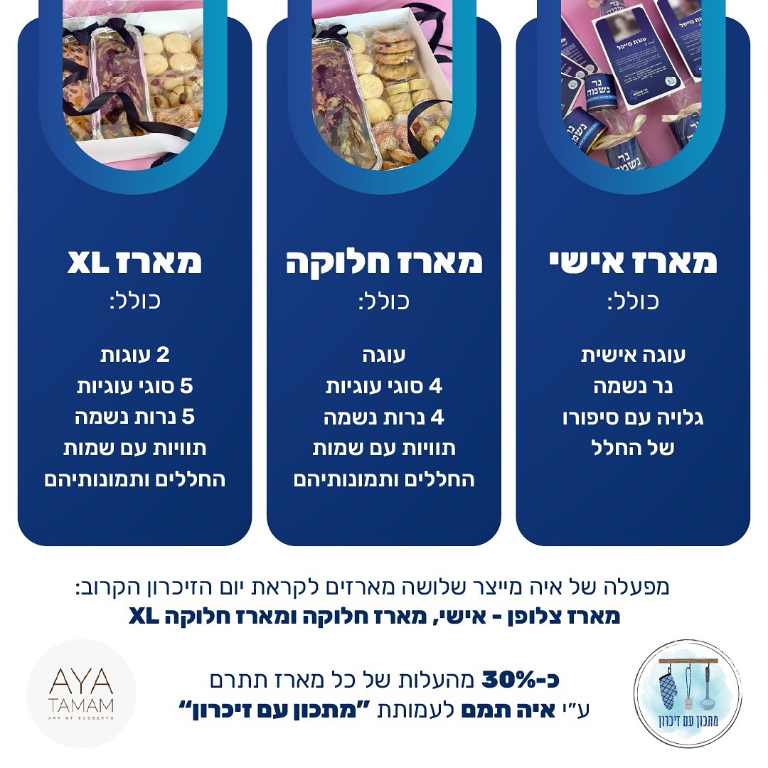 לקראת יום הזיכרון הקרוב, גם השנה שיתוף פעולה מרגש עם הקונדיטורית איה תמם למען מטרה חשובה – הנצחת חללי מערכות ישראל ונפגעי פעולות האיבה, דרך פרויקט “מתכון עם זיכרון”.
השנה תוכלו לבחור מבין 3 סוגי מארזים:
מארז אישי, מארז חלוקה, ו-מארז XL – מותאם גם לחברות, משרדים וארגונים.
כל מארז נושא עמו סיפור, שם, וטעם – ומוקדש לזכרו של חלל.
30% מההכנסות נתרמות לעמותת “מתכון עם זיכרון”.
לפרטים והזמנות: Aya@bigshow.co.il
או בטל׳: 09-7407128 (ניתן גם בוואטספ)