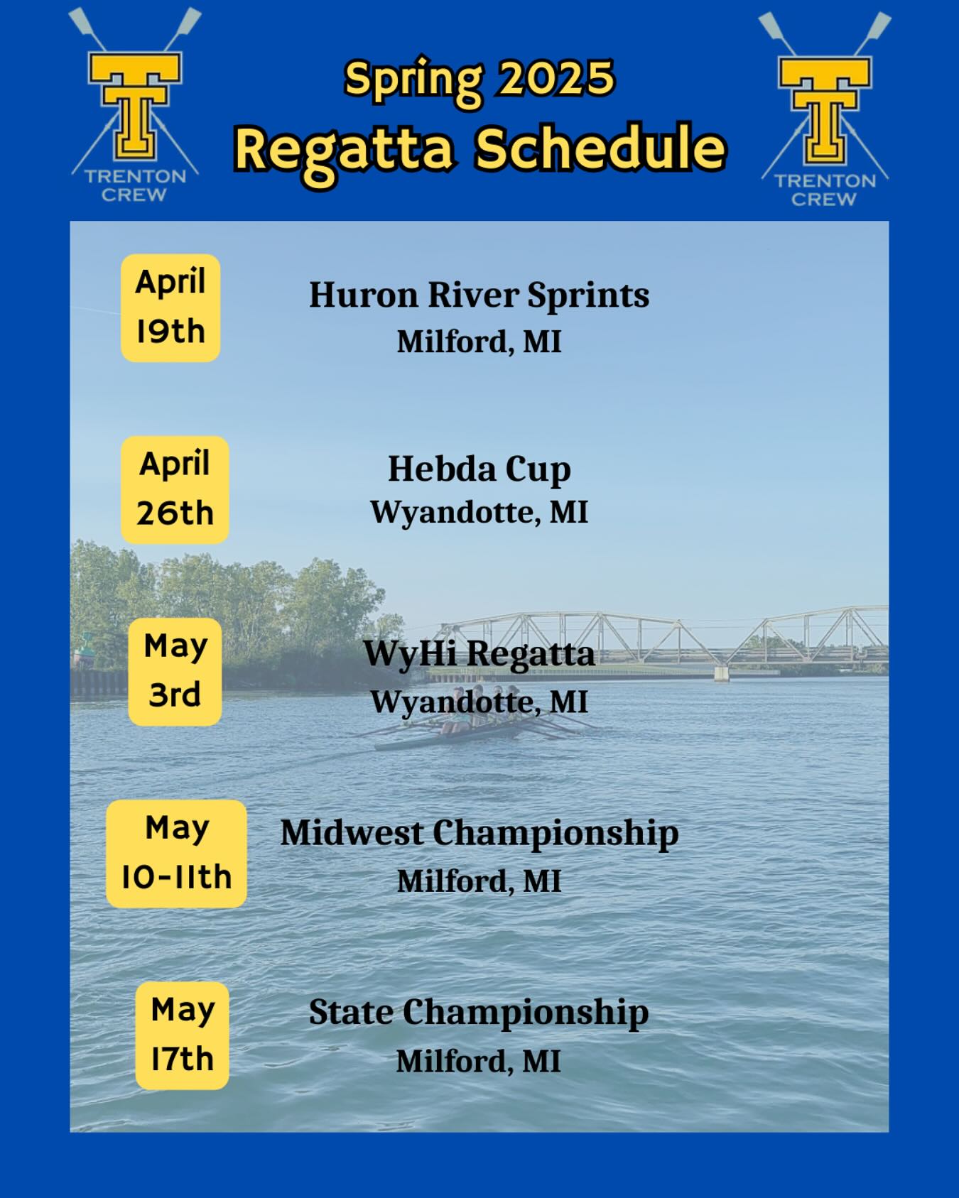 Trenton Crew Spring 2025 Regatta Schedule! 🚣♂️💛
#rowing #trentoncrew