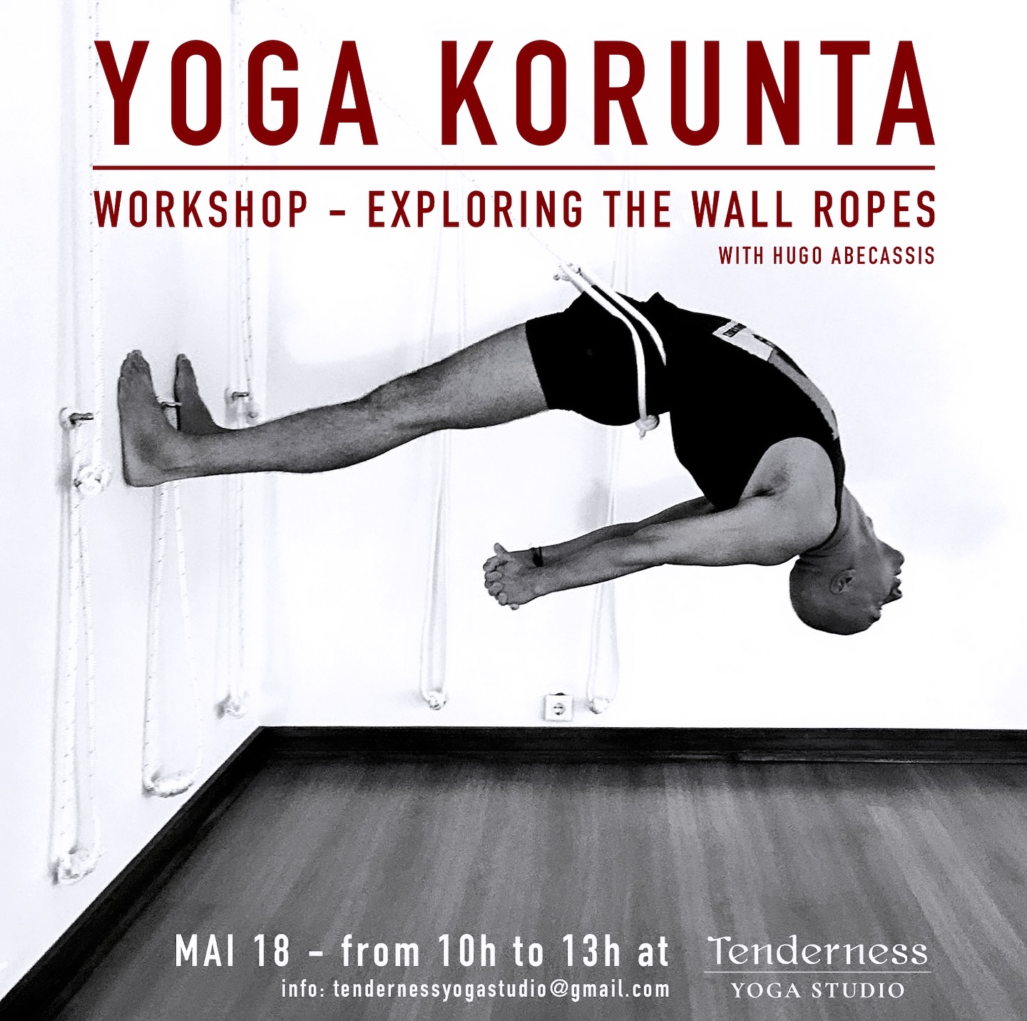 YOGA KURUNTA Workshop
Exploring the Wall Ropes
At Tenderness Yoga Studio
(Online and In person)
MAI 18th
From 10h to 13h
Limited spots
Yoga Kurunta refered to as “Yoga on the Ropes” is an asana practice using ropes on a wall. This practice gives us a greater perception of space, along with greater depth of movement in non-weight-bearing (Kurunti means “puppet” in Sanskrit).
In this three-hour workshop we will learn a wide variety of rope uses, whether in standing, seated or inverted poses.
This workshop is aimed at all yoga practitioners and teachers who wish to explore the possibilities of this technique.
. This workshop will be held in English.
Info: +351.919901966 | tendernessyogastudio@gmail.com
.
.
.
.
.
#viparitadandasana #yogaworkshop #ropeviparitadandasana #chestopening #shoulderopening #yogaropes #Yoga #asana #yogasequence #iyengaryoga #yogaportugal #lisbonyoga #practice #hugoabecassis #yogainspiration #yogapose #yogateacher #flexibility #yogaeveryday #yogi #yogajourney #dwipadaviparitadandasana #yogakurunta