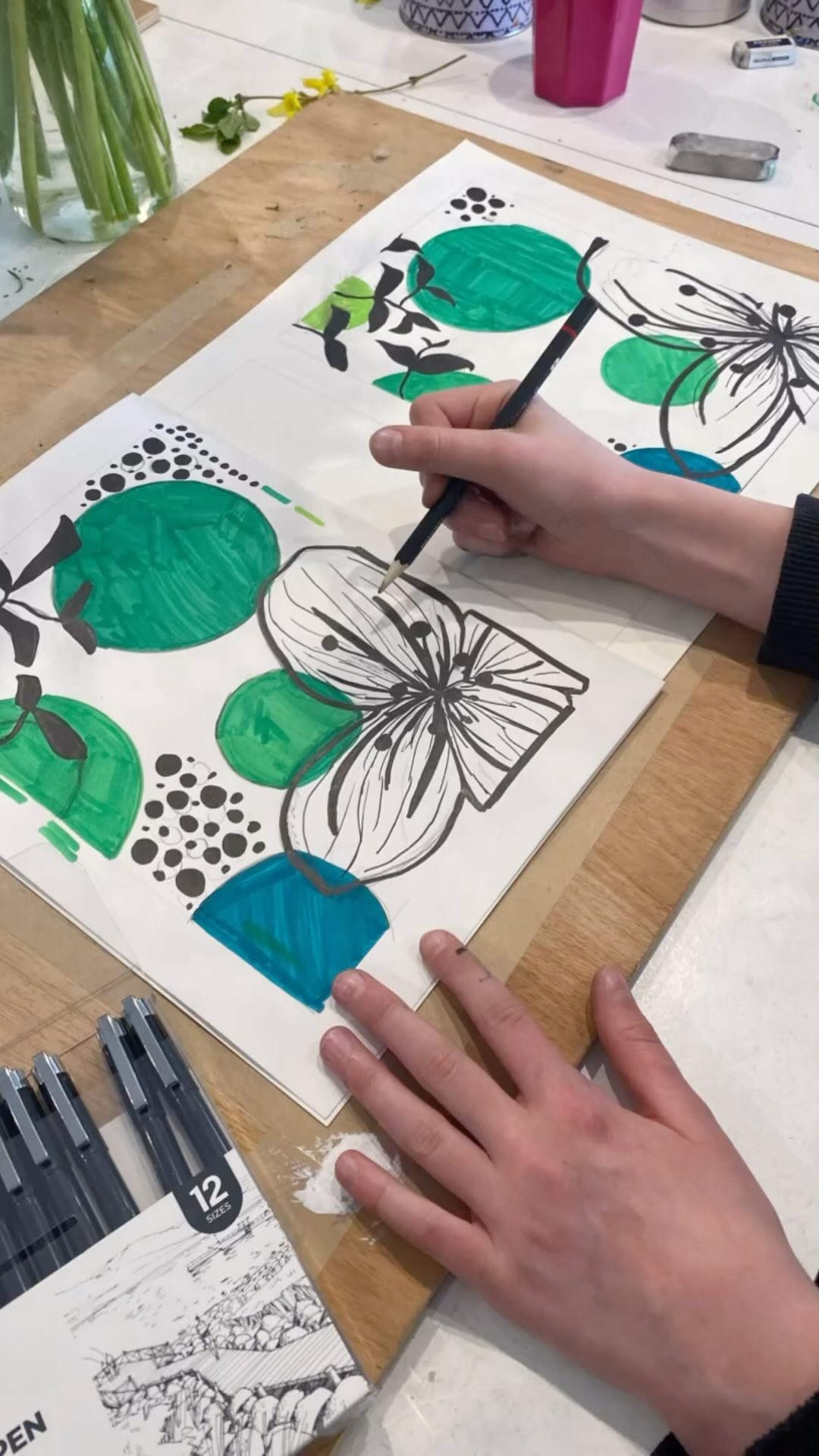 Graphic Design Botanical Workshop, turning out drawings into printable designs. Well done girls, they look awesome! #youngdesigners #youngdesignersacademy #milford #godalming