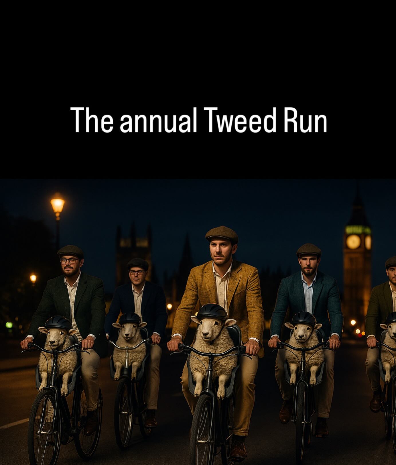 As the city hums and London glows, we ride on – dressed in tweed, breezy in linen, with our sheep securely seated on the back. A rolling statement that true style is more than just fashion – it’s about community, heritage, and care.
Don’t forget to sign up for this year’s Tweed Run through central London, taking place on 26 April – where tradition meets pedal power in the most stylish way.
Green Gentz – preloved tweed power. #tweedrun #tweedrunlondon #secondhand #preloved #tweed AI picture