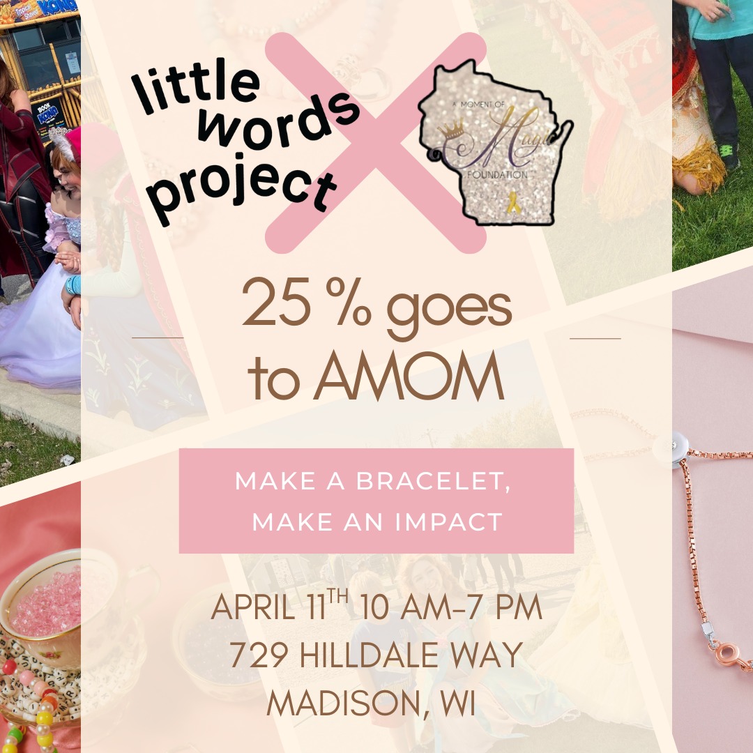 Spend your Friday by making bracelets with your family an friends! Tomorrow, our organization is partnering with Little Words Project-Madison! On April 11th from 10 am-7pm, 25% of proceeds will go to our organization (no code required!). Hope to see you there!
#bravestrongfearless #amomentofmagic
#bravestrongfearless