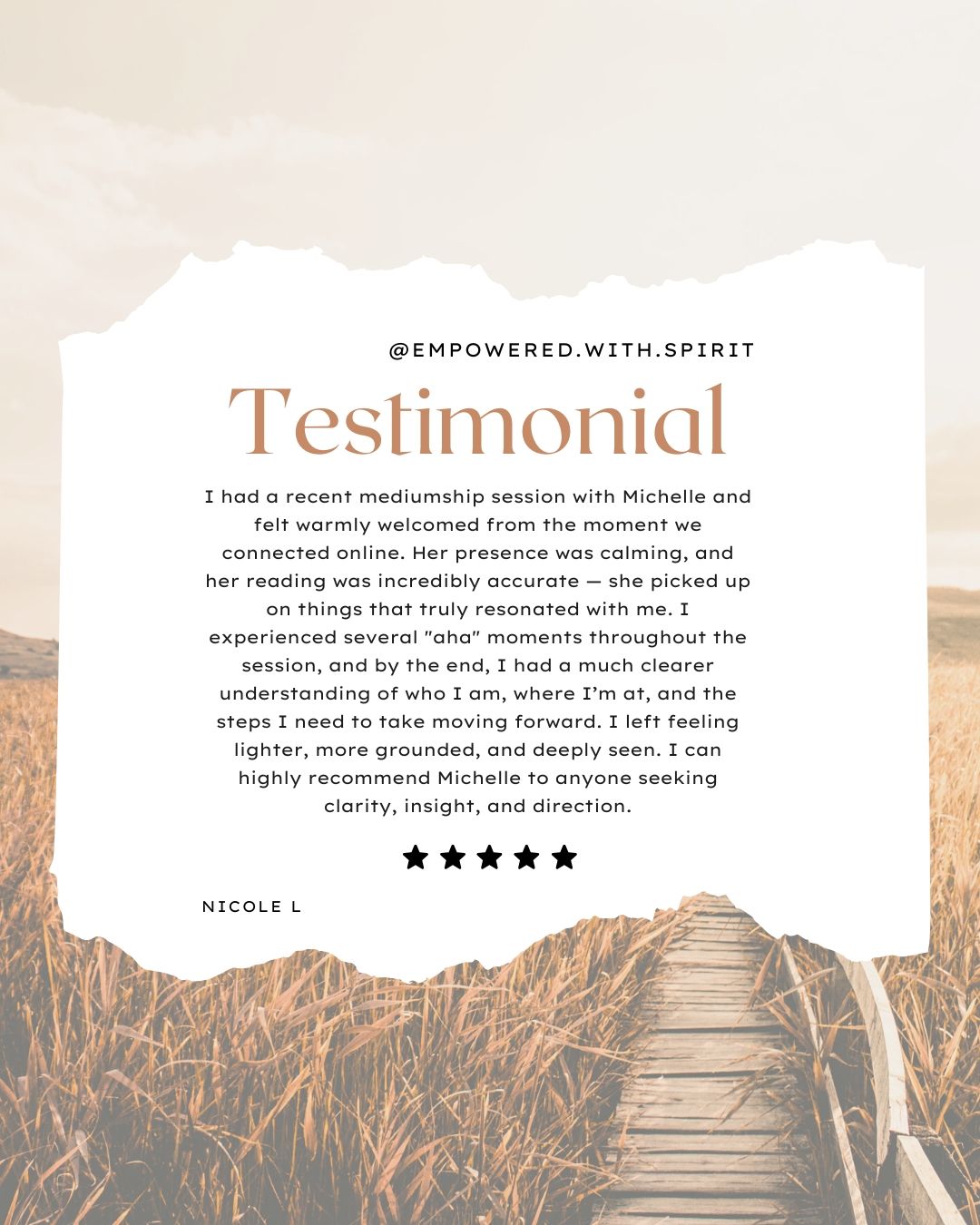 So grateful to have received this wonderful testimonial, thanks so much Nicole. ♥
.
If your looking for clarity, direction & peace I would love to offer you a reading. Online or
in-person at Mornington.
.
Bookings: https://www.empoweredwithspirit.com/book-online
.
#mediumshipreadings #mornington #morningtonpeninsula #readings #emotionalhealing