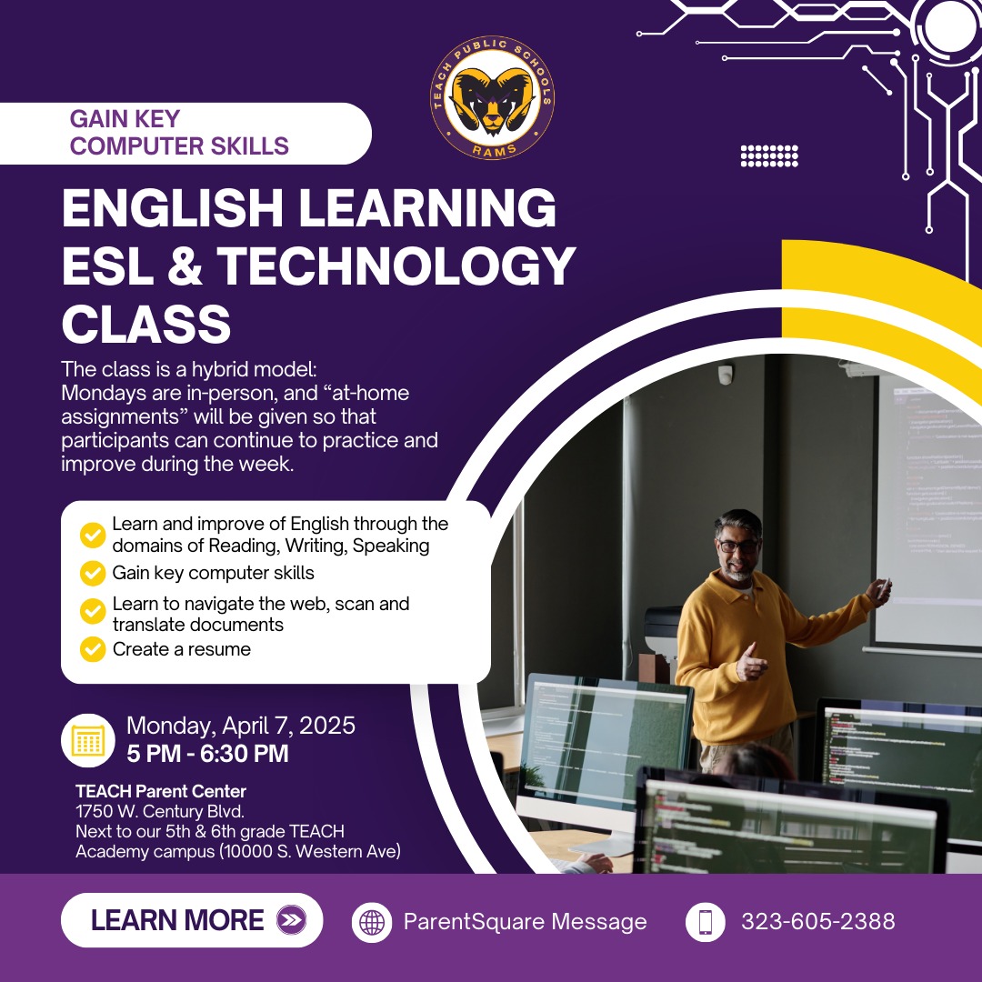 ๐ฃ TEACH Families!
Join us TODAY from 5PMโ6:30PM for our next FREE ESL & Technology Class at the TEACH Parent Center! ๐งโ๐ป๐ This class is open to all TEACH parents and English learning students.
You'll build your English skills in reading, writing, speaking, and listening, while also learning tech tools like Chrome, Docs, Slides, Email, and more! Plus, learn how to create a resume and navigate the web! ๐โจ
๐๏ธ Mondays: In-person classes
๐ At-home assignments throughout the week
๐ BONUS: Weโre raffling off 2 amazing custom TEACH pens made by one of our talented parentsโthank you, Mario! ๐๏ธ๐
๐ 1750 W. Century Blvd (next to 5th & 6th grade campus)
๐ Questions? Call Luis Ramirez at 323-605-2388
#TEACHParentCenter #FreeESLClass #TechSkills #LifelongLearning #ParentEducation #TEACHTogether #BilingualSupport #CommunityStrong #CustomGiveaway #ThankYouMario