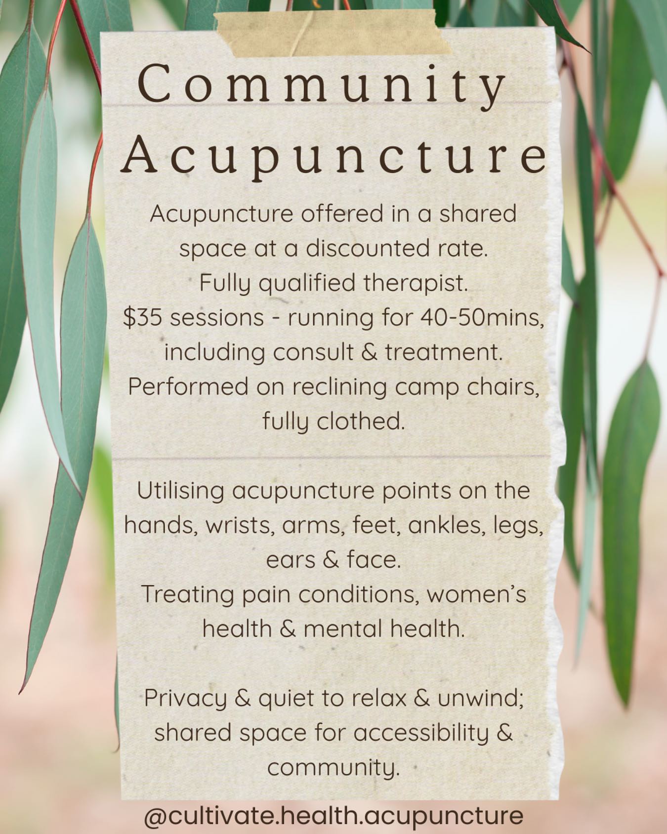 Two weeks from now we kick off the first Community Clinic Rockhampton - Acupuncture & Zen Thai Shiatsu.
I am passionate about this kind of offering as I think healthcare should be accessible ($90 sessions are not in everyone’s budget).
It was in a regular community clinic many moons ago that I received (& fell in love with) the modality of acupuncture. The shifts it can deliver are quite profound.
Here are a few answers to some FAQ’s I have been getting, feel free to bring me more to answer.
If you’re interested- join our group on Facebook (mentioned above) to find out all the details.
Text 0409 209 206 to book.
Look forward to seeing you there!
#acupuncturerockhampton #rockhamptonacupuncture #communityclinic #communityacupuncture #rockhamptonevents