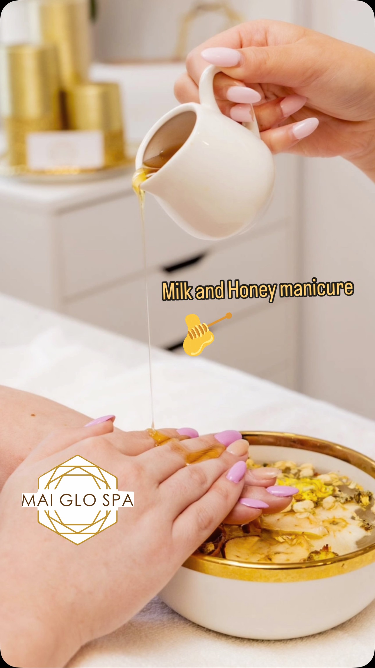 Milk & Honey Manicure
A sweet escape for your hands.
Slip into serenity with our signature Milk & Honey Manicure—a nourishing treatment designed to soften, smooth, and hydrate tired hands.
Begin with a warm milk soak, followed by a gentle honey sugar exfoliation to buff away dryness. We then apply a warm glaze of honey, rich in natural humectants, before wrapping your hands in a deeply hydrating mask and hot towels. Finish with a soothing massage and your choice of polish or natural buff.
The result? Silky-soft skin and a natural, healthy glo.
Now available @maiglospa .
Because your hands deserve luxury, too.
#MaiGloSpa #MilkAndHoneyManicure #GloNaturally #NourishYourHands #SpaIndulgence #HandCareRitual