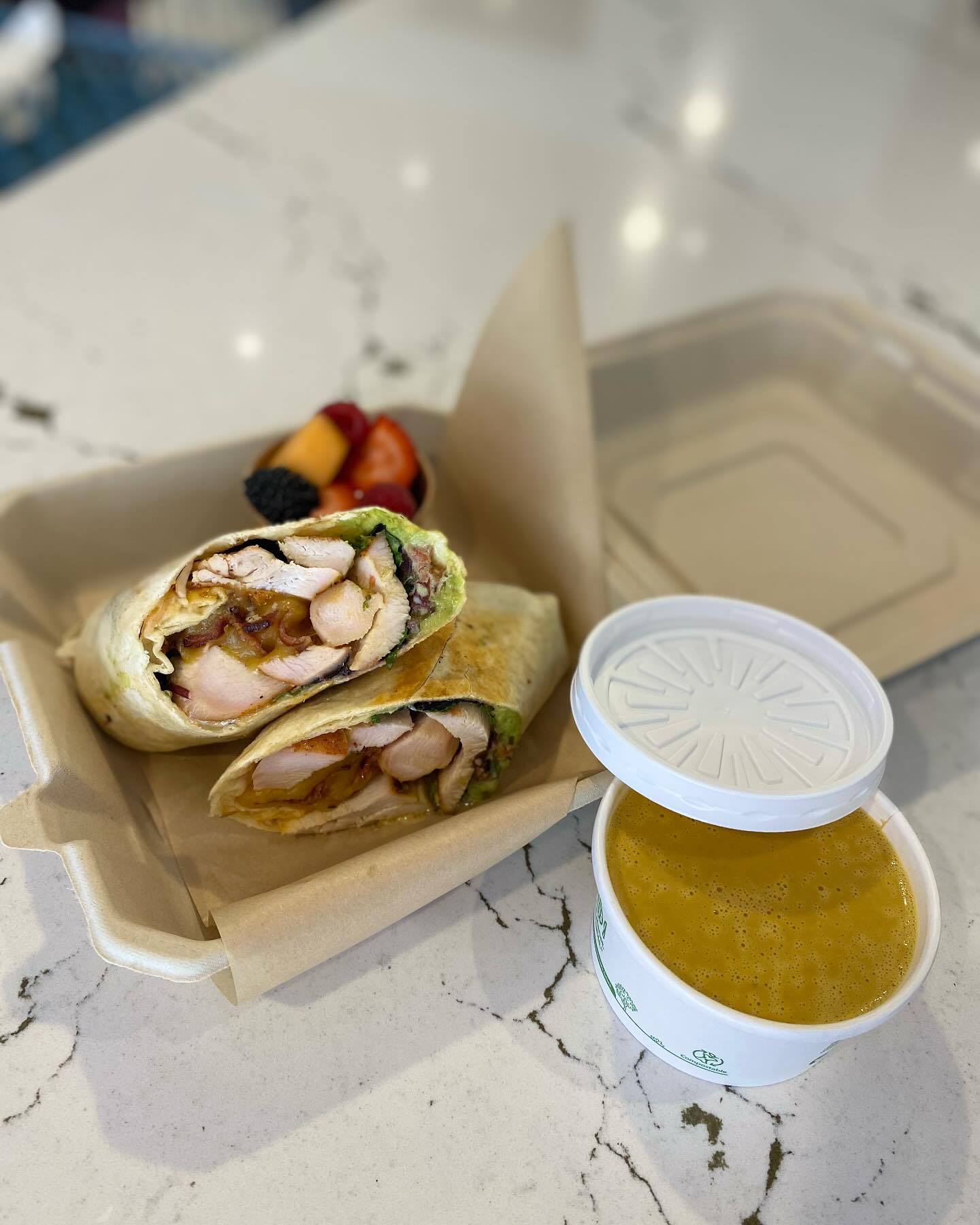 Order TO GO by calling in or going online! Serving brunch until 2pm, lunch until 4pm, then come in for dinner service 4-8pm!
.
📞 406-909-0551
👨💻www.HucksPlace406.com
.
Pictured is our Chicken Bacon Ranch wrap, fresh fruit cup and this weeks home-made soup of the day, ginger carrot!
.