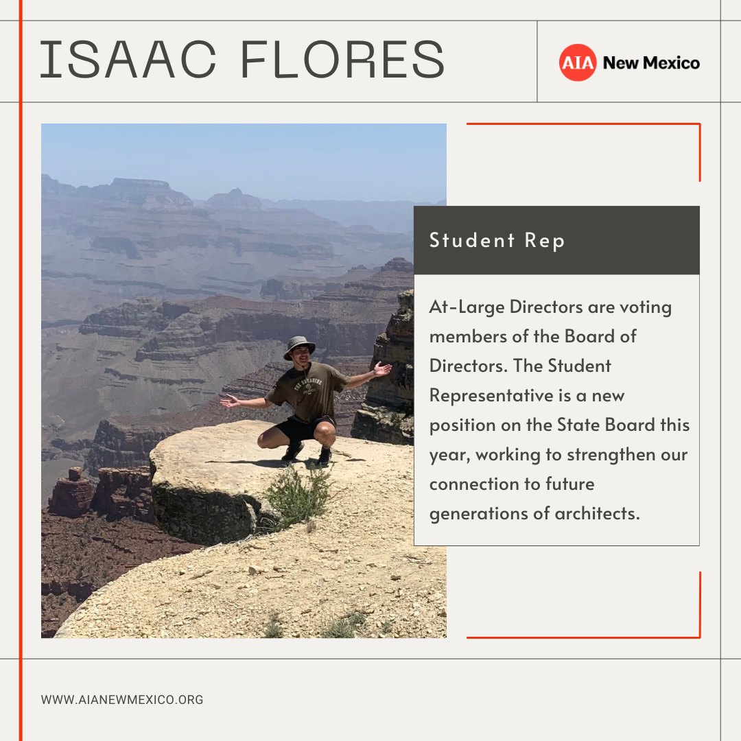 Welcome to the AIA New Mexico Board of Directors in 2025, Student Representative: Isaac Flores, AIAS.
What is your personal goal related to your AIA role for 2025?
I am most excited to see how we can bridge the gap between students and professionals through the AIA and the AIAS, in order to create meaningful connections for the future. Within the next year or two, I firmly believe we can set and accomplish goals that help students better understand the ins and outs of the profession.
If you could spend the day with any fictional character, who would it be?
Obi-Wan Kenobi.
What is one thing that will always put you in a good mood?
Going to the gym or being out in nature.
Interested in this role? Get involved with AIAS!
#aia #leadership #board #boardofdirectors #representative #newmexico #architecture #design #architectureweek #student #aias #unm @unm_architecture @unmaias @unmsaap