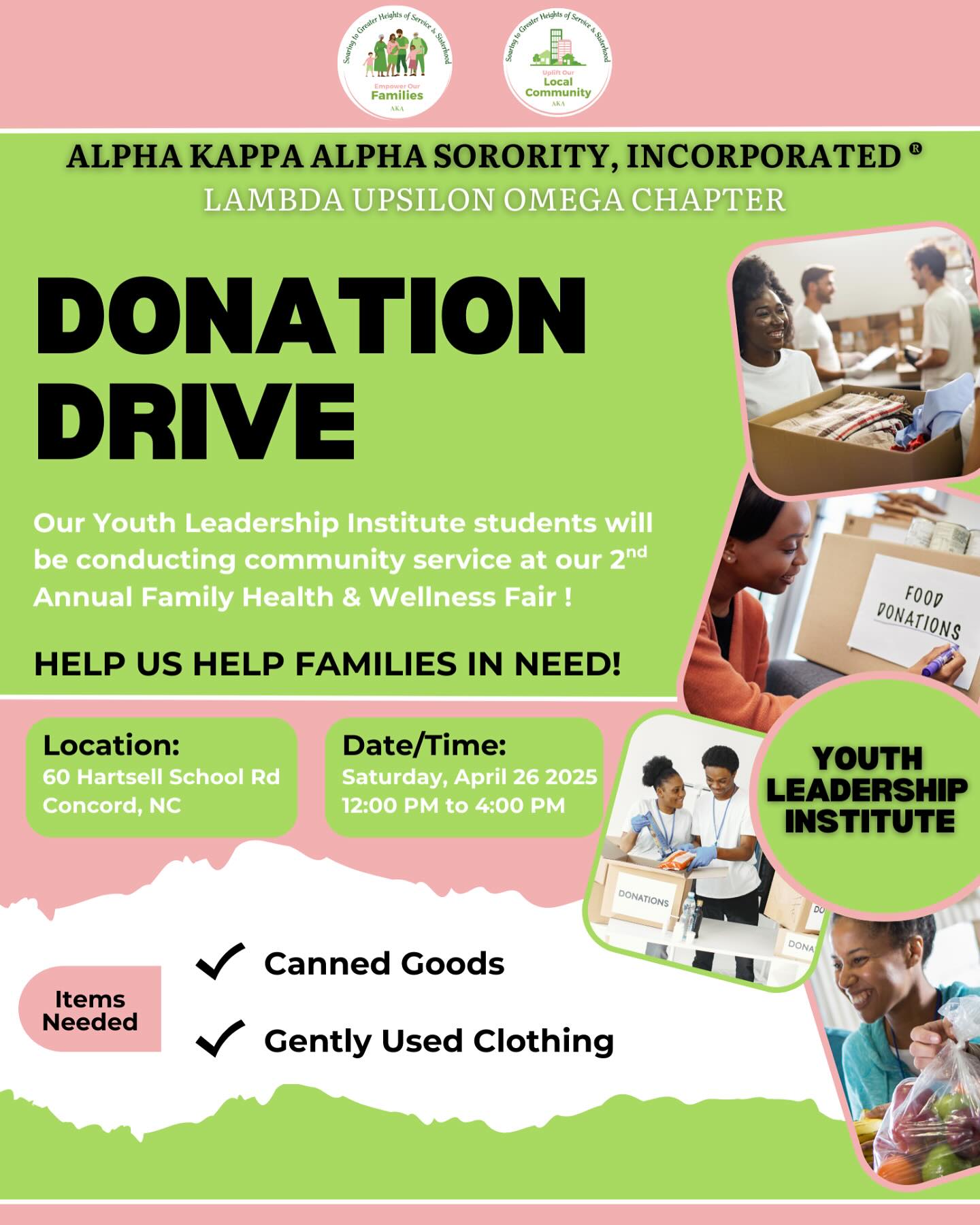 The Ladies of Alpha Kappa Alpha Sorority, Incorporated® Lambda Upsilon Omega Chapter are thrilled to announce that our Youth Leadership Institute (YLI) students will be participating in community service during our 2nd Annual Family Health & Wellness Fair!
These inspiring young leaders will be collecting canned goods and gently used clothing to support families in need. We invite you to not only stop by the event but also to show your support for these youth as they work to make a meaningful impact in our community.
Your generosity and presence can help make a difference—see you there!