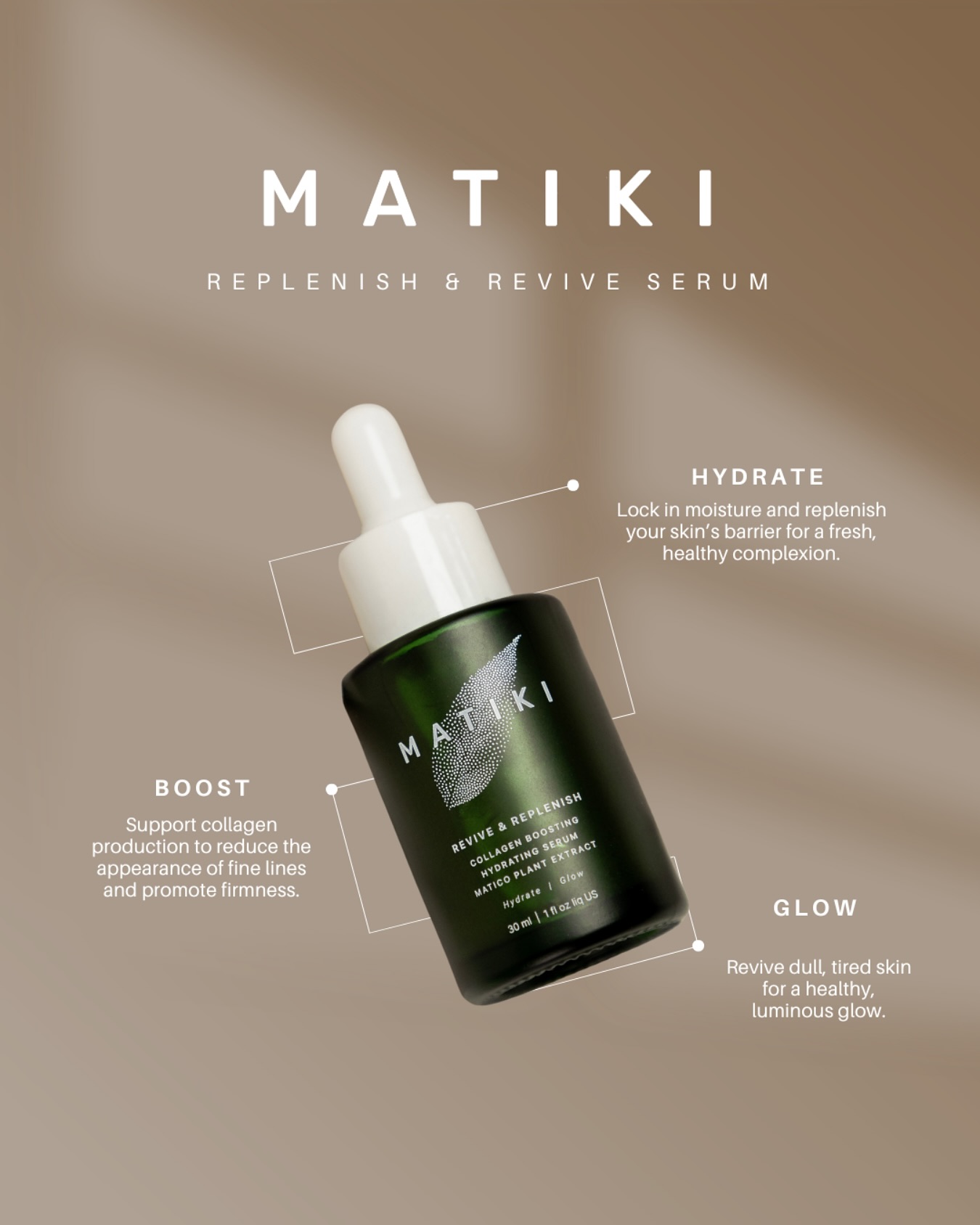 New to serums? Start with skin-strengthening essentials.
Matikiâs Revive & Replenish Serum is designed to deeply hydrate and boost collagen, supporting your skinâs natural resilience from the very first use.
Powered by Matico plant extract, a time-honored remedy passed down through generations. This lightweight, science-backed formula helps:
đ BOOST â Support collagen production to improve skin firmness and reduce early signs of ageing.
đHYDRATE â Replenish moisture and reinforce the skin barrier for lasting smoothness and glow.
đ REVIVE â Brighten tired, uneven skin with targeted nourishment that enhances overall radiance.
Perfect for those building a more intentional routine or taking skincare seriously for the first time.
Results rooted in tradition and backed by science. đ