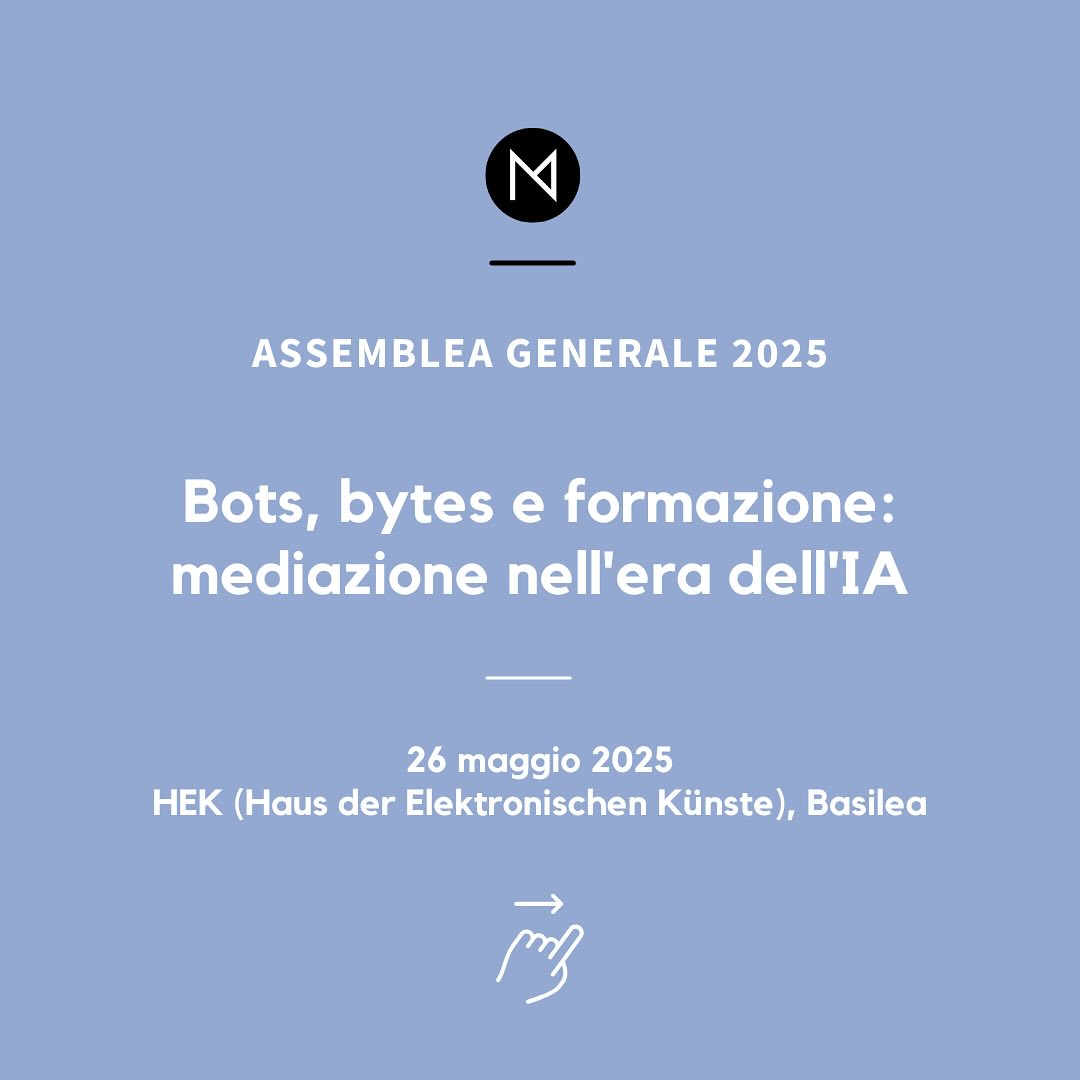 Assemblea generale 2025: Mediazione & IA
Il 26 maggio 2025 ci incontreremo all’ @hek_basel hek_baseper approfondire un tema di grande attualità: l’intelligenza artificiale nella mediazione culturale.
L’IA fa ormai parte della nostra vita quotidiana – e anche i musei si trovano di fronte alla sfida di decidere come affrontare questa tecnologia. Quali opportunità offre l’IA per il lavoro di mediazione? E quali sono le sfide?
Ti aspettano:
✨ Approfondimenti su progetti di mediazione con l’IA con @timbotoni.ch @hepvaud @_freisicht_ @stadtmuseumaarau
🎤 Keynote di @jan.laessig
🧪 Possibilità per esercitarsi con i prompt
🤝 Scambio e discussione
📍 Iscriviti ora – link in bio!
#mediamus #assembleagenerale2025 #mediazioneculturale #iamuseo #hekbasel #museomedia
