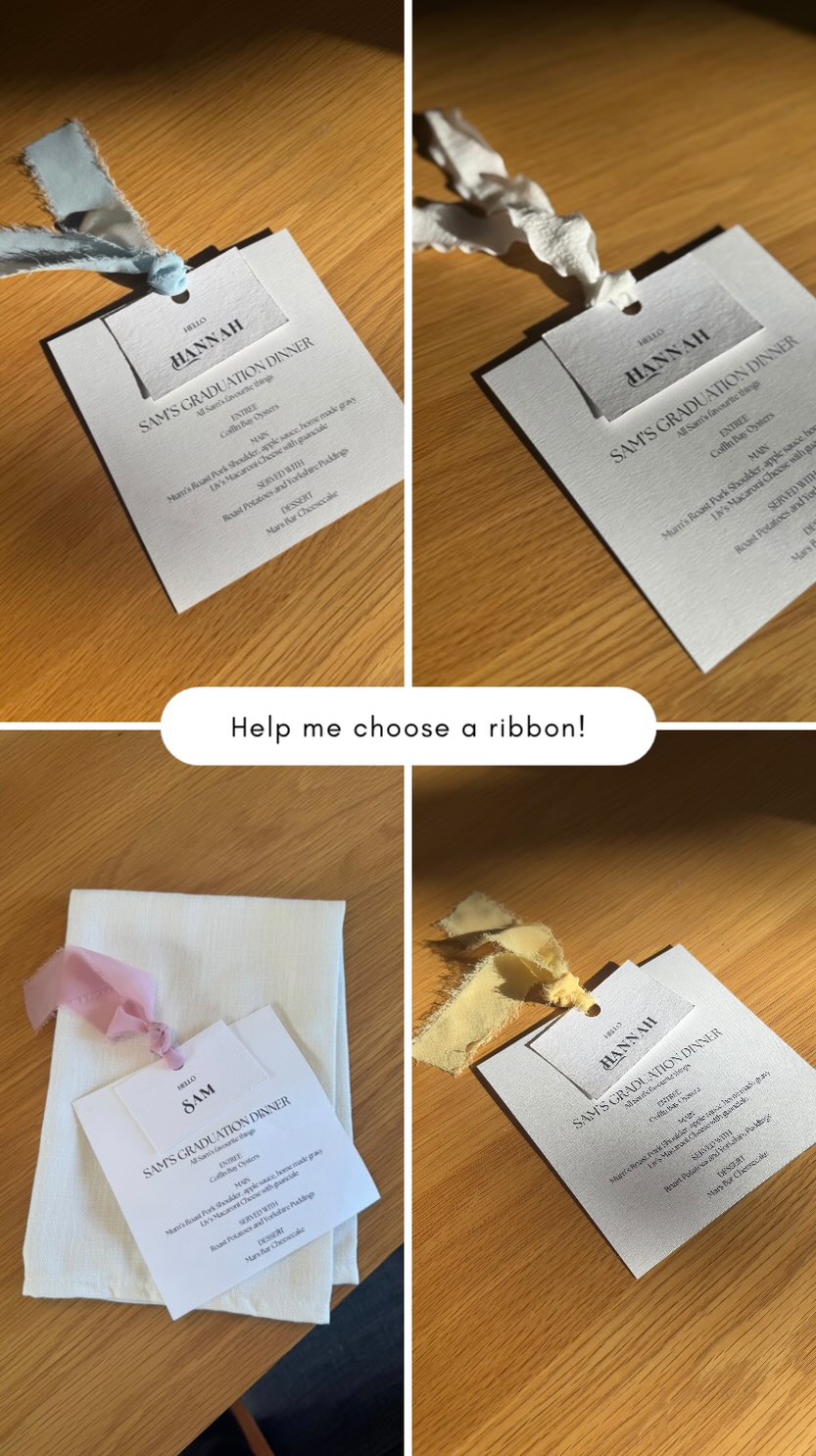 Which ribbon do you want to see on our textured whites theme? Let me know in comments!
Shop our dinner party range via the link in bio now
#event #styling #dinnerparty #smallbusiness #womenownedbusiness #dinnerpartydecor #fyp #elegant #menu
