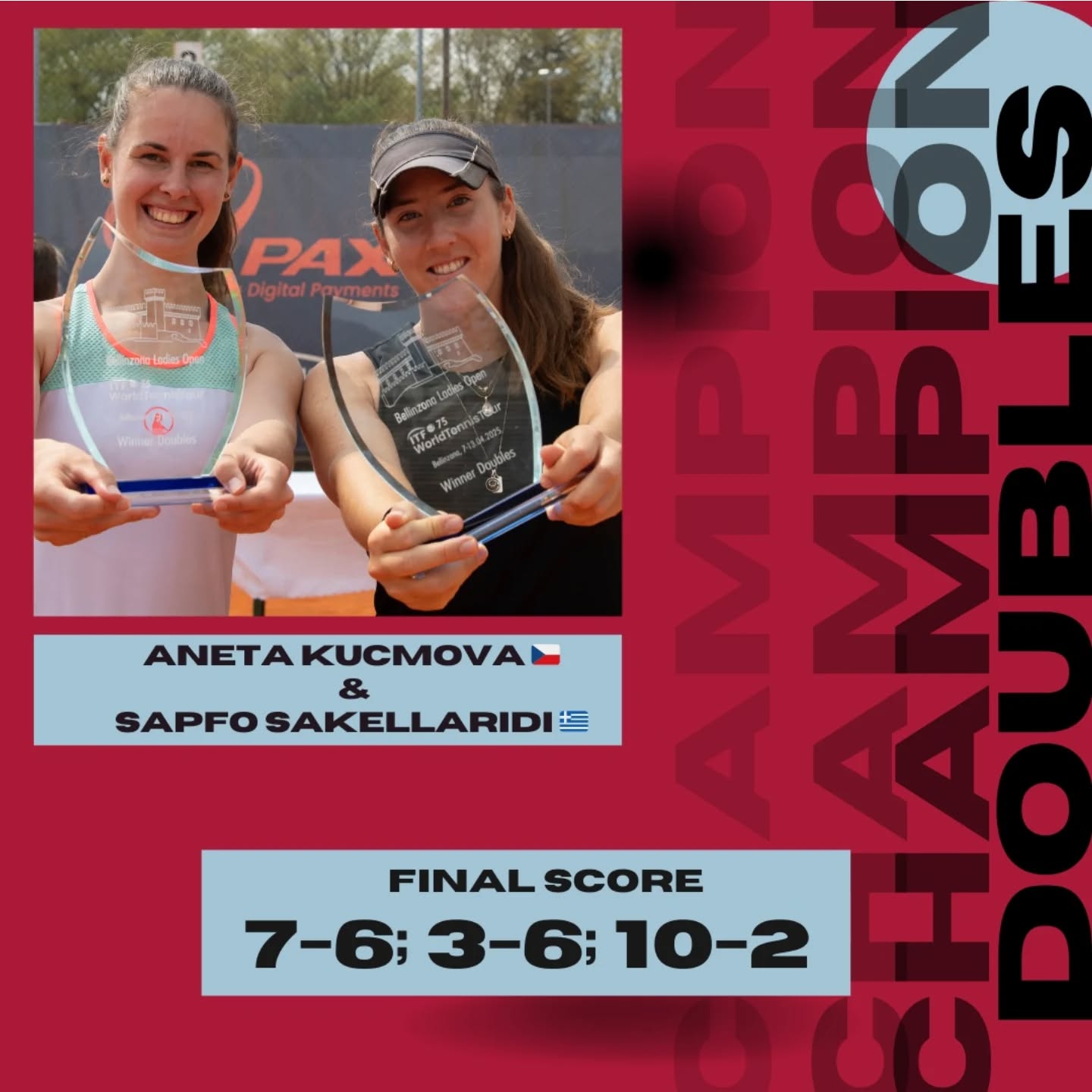 Here are the doubles champions 🎾💯
Aneta Kucmova 🇨🇿 & Sapfo Sakellaridi 🇬🇷
Congratulations👏🔥
Final result: 7-6, 3-6, 10-2 against
Jenny Duerst 🇨🇭 & Elizabeth Mandlik 🇺🇸
.
.
.
#bellinzonaladiesopen #tcbellinzona #swisstennis #itftennis #itfprocircuit #ITFWorldTennisTour #ITFTennis #itf #itfwomen #womens #womenstennis #tennislove #tennislife #tennisworld #tennis #tennissvizzero #svizzeraitaliana🇨🇭❤️