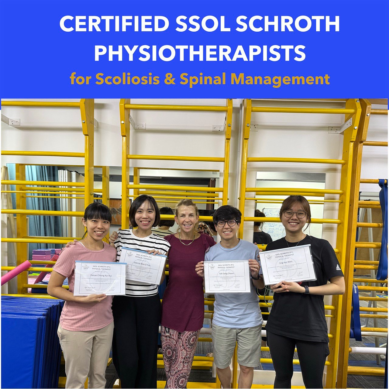 We are Certified SSOL Schroth Physiotherapists for Scoliosis & Spinal Conditions Management! 🌟🏅
The Schroth Method is a Physiotherapy Scoliosis-specific exercise approach. It focuses primarily on the 3D correction of the curve pattern. This is done through stretching, strengthening and corrective breathing techniques.
The concepts in Schroth Method can also be used to treat other spinal conditions such as low back pain and spinal stenosis, and to improve posture in general.
If you wish to find out more about the Schroth Method, head over to our website for more details or send us a DM if you are wondering if this technique will help you or your loved ones ❤️
