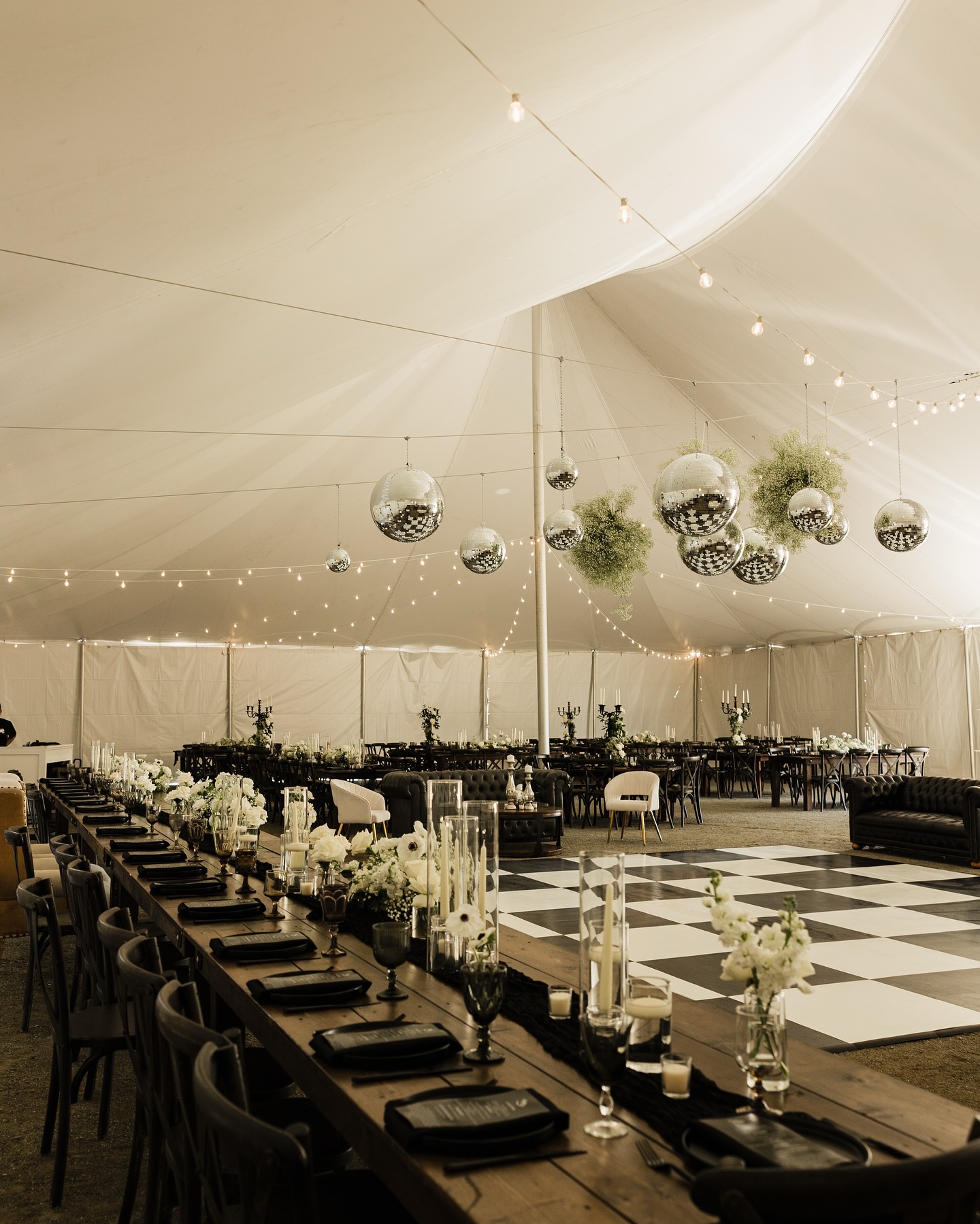 Serve us up some black & white vibes, but make it western #stockroompicks
PICKS: String lighting in tent • Disco balls • Demi cross back chairs • Cuffe chairs • Indie sofa • Henny chairs • Lerleene sofa