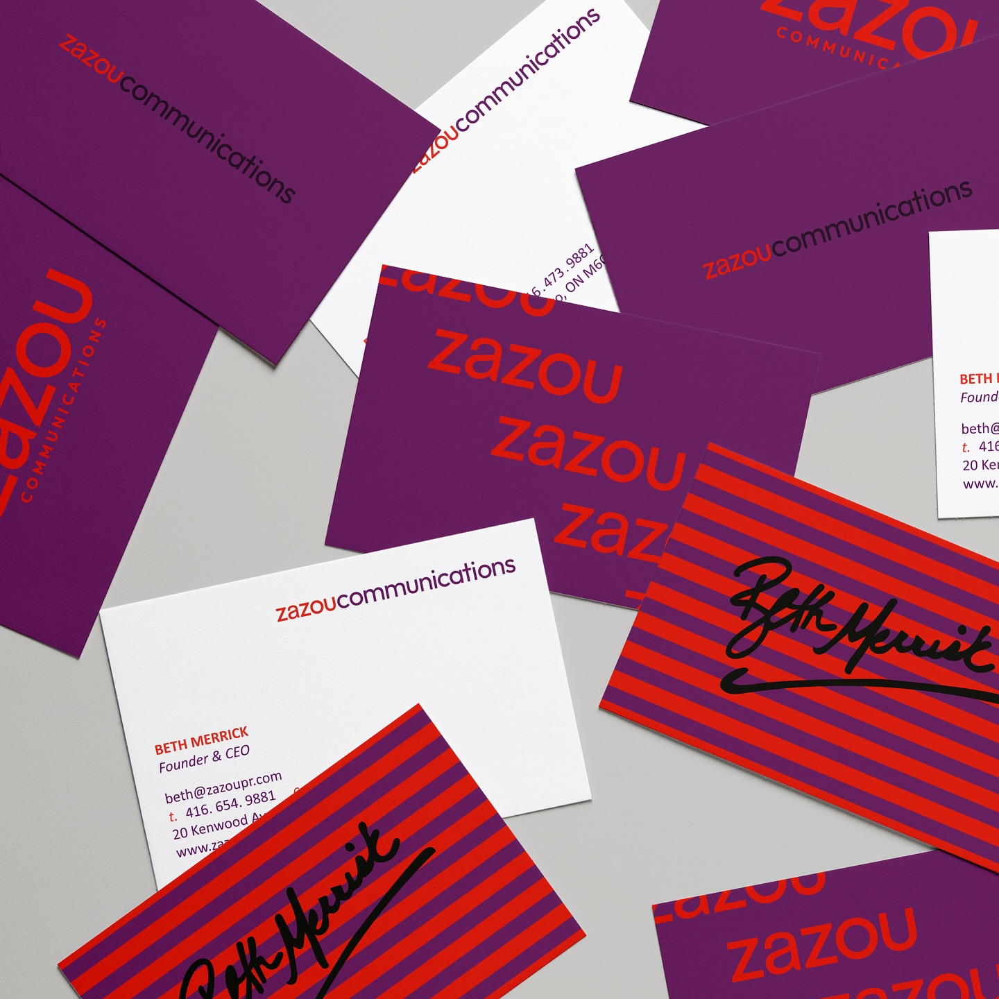 Leave behinds
—
A playful element on a leave behind is key. It can be tactile, playful, or even unexpected. For Zazou PR we used a variety of designs for the backside of the business cards. Forget first impressions, we’re going a lasting one.
Visuals and business cards for @zazoupr
.
.
.
.
#businesscard #businesscarddesign #designer #logodesinger #torontologo #torontologodesigner