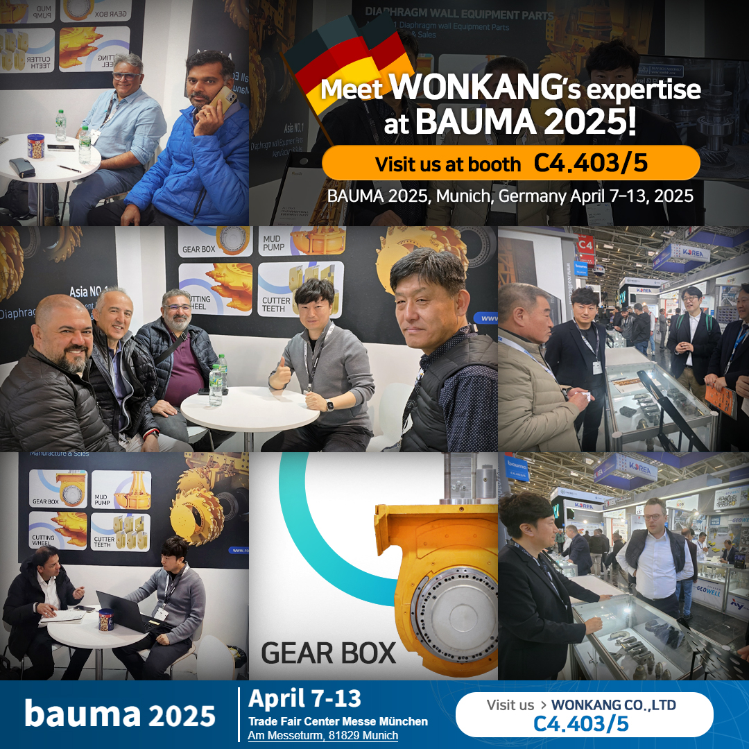 Meet WONKANG’s Expertise at BAUMA 2025!
Visit us at booth C4.403/5
www.roadbit.com
#Diaphragmwall #Slurrywall #trenchcutter #BC30 #BC32 #BC35 #BC40 #cutterteeth #gearbox #mudpump #korea #wonkang #roadbit #cuttingwheel #BCF10 #BCF9 #spareparts #Mechanicalseals #Damper #Gearing #Complete #Assembly #roadheader #pick #tunneling #1500mm #bauma