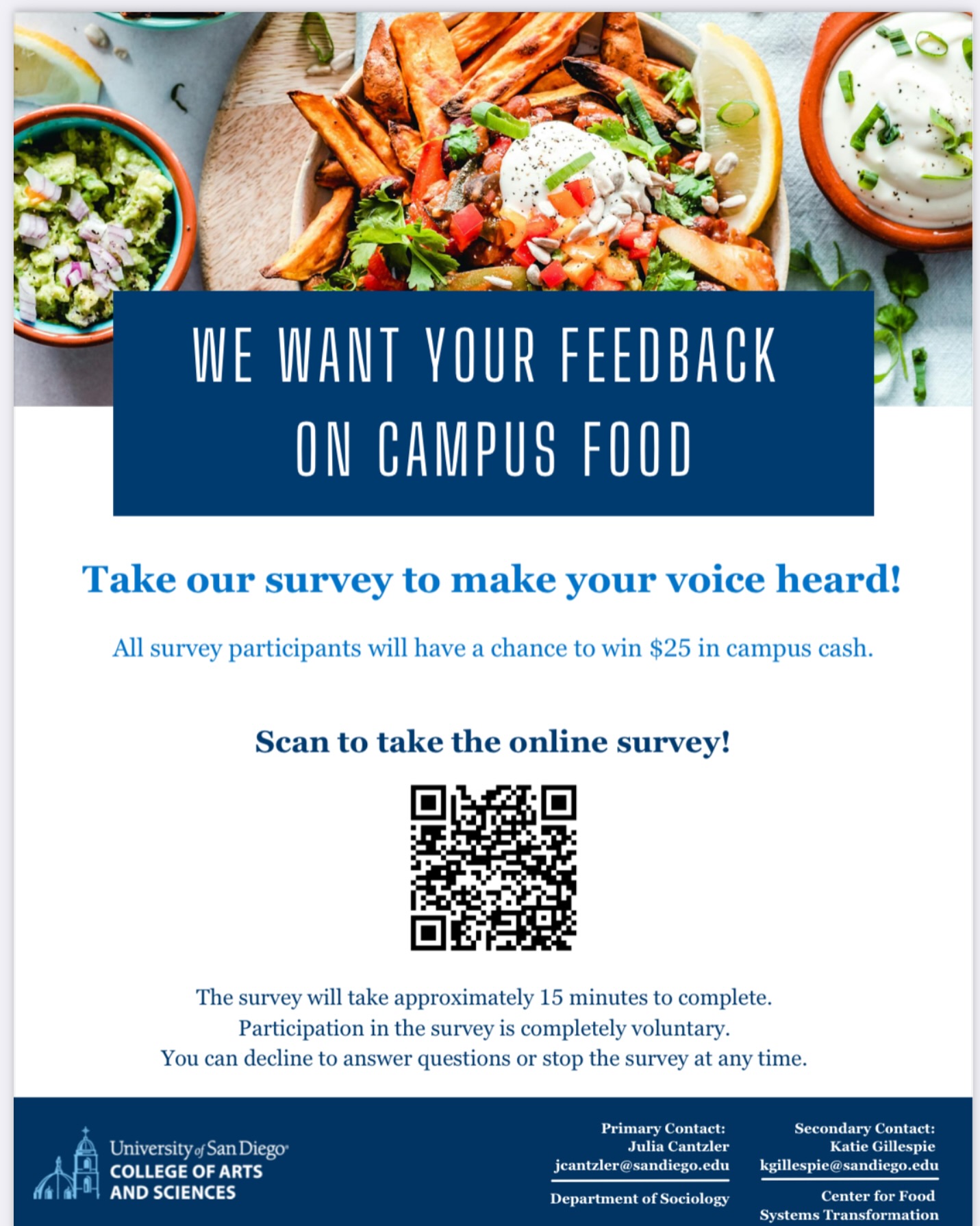 We want YOUR feedback on campus food!
Have thoughts on what’s being served on campus? Now’s your chance to speak up and help shape the future of food at USD!
Take our quick 15-minute survey and you’ll be entered for a chance to win $25 in campus cash! Link is in our Linktree!