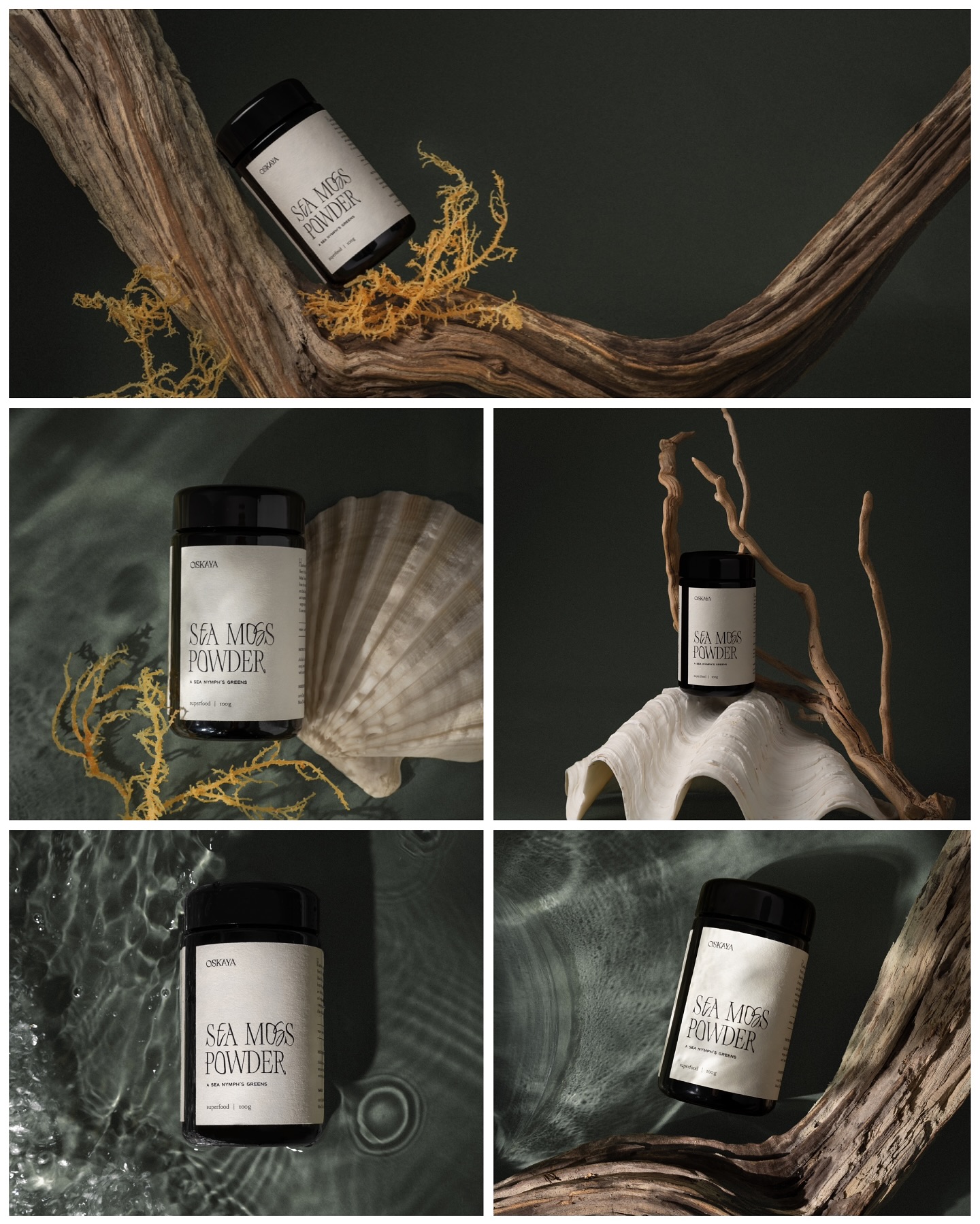 Product photography for @oskaya_
Driftwood, shells, water and sea moss.