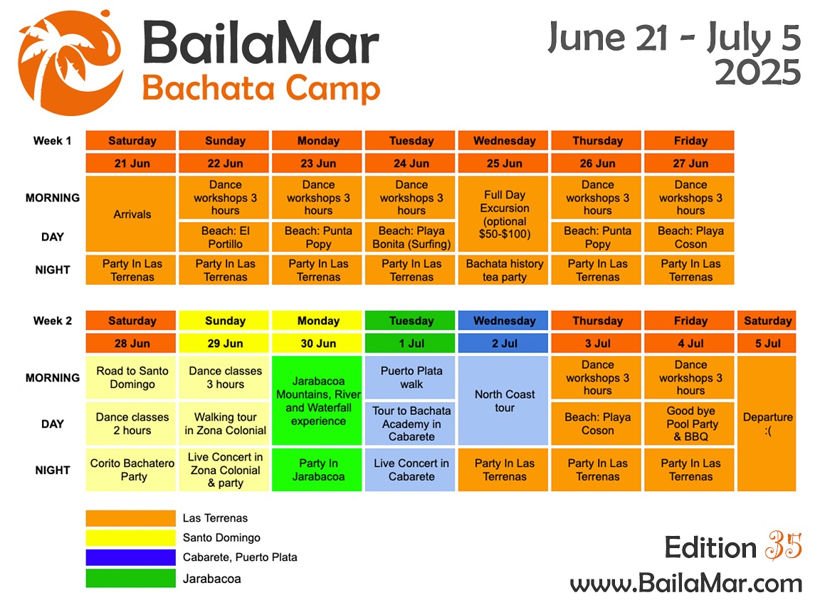 ✨ The June 2025 Program is finally here! ✨
Get ready to explore the paradise beaches of Las Terrenas, the charming streets of Santo Domingo, the breathtaking mountains and waterfalls of Jarabacoa, the vibrant colors of Puerto Plata, and the wild vibes of Cabarete! 🌴🌊🌄🎉
Days (and nights!) filled with dancing, music, and unforgettable adventures await you! 💃🕺
We still have a few rooms left — don’t miss your chance! Head to bailamar.com to book your spot now!
📅 Can’t join us in June? We have more upcoming Camps this year:
🔹 June 21 - July 5
🔹 October 19 - November 2
🔹 December 7 - 21
#bachata #dominicanbachata #bachatadominicana #BailaMar #BachataCamp #feelthemusic
#bachatacamp #dominicanbachata #dancetour #bachataholidays