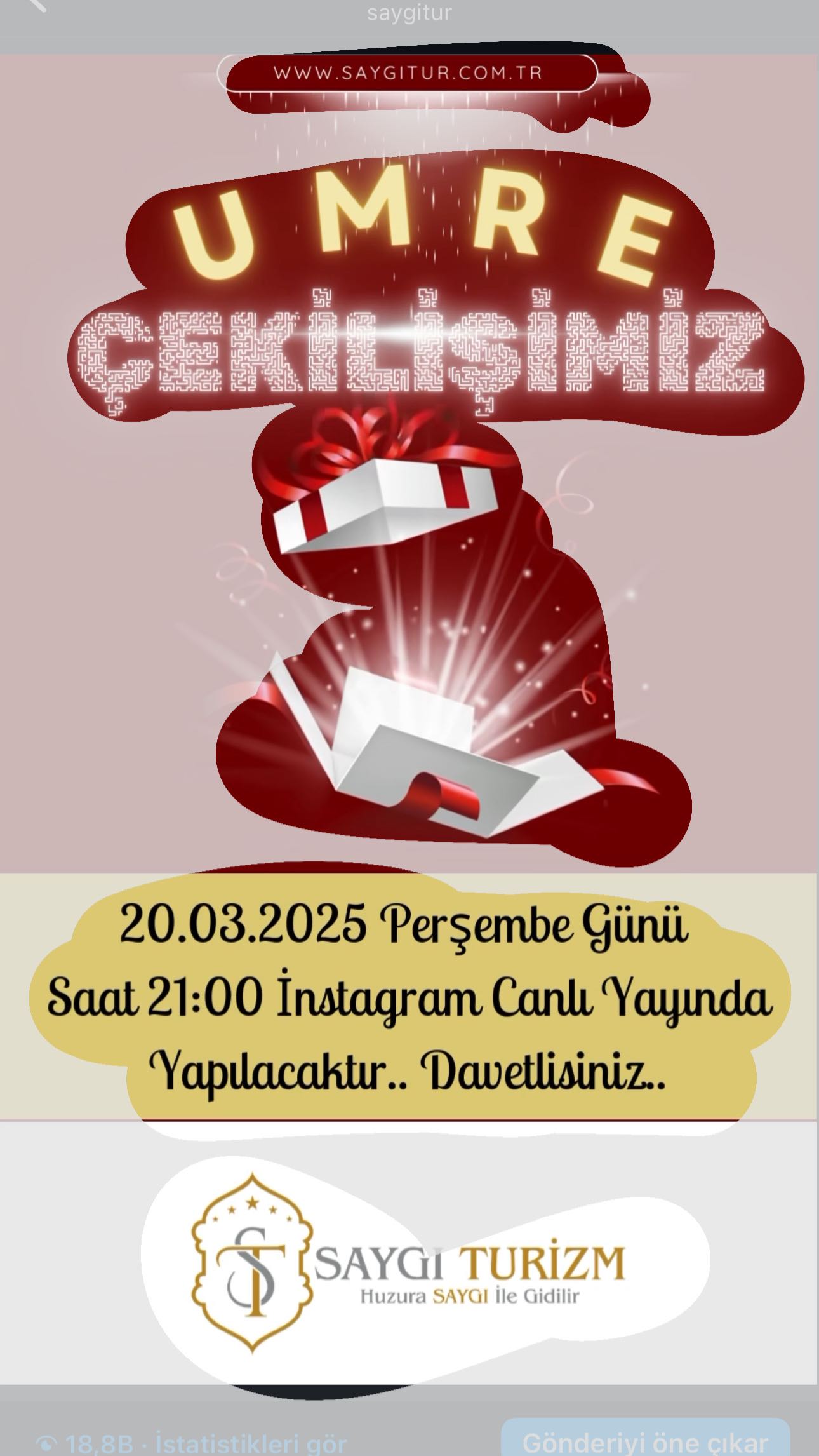 1 kişiye ücretsiz Umre çekilişimiz
20.03.2025 Perşembe günü saat 21:00 de çok değerli hocamız @ravza_sabah_sirdas ın katılımları ile ofisimizde de yapılacaktır. instagram üzerinden canlı yayında takip edebilirsiniz.
•Huzura SAYGI ile gidilir.
@admsygi
#mekke #medine #umre #dua #çekiliş #çekilis #sonuçlar