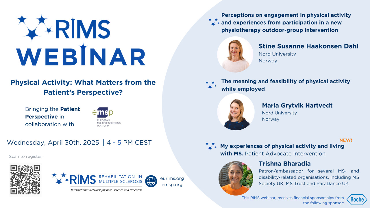 🌟 𝗦𝗔𝗩𝗘 𝗧𝗛𝗘 𝗗𝗔𝗧𝗘 🌟
Wednesday, April 30th | 4PM–5PM Paris/3PM-4PM London/10AM-11AM New York
💬 RIMS Webinar: Physical Activity: What Matters from the Patient’s Perspective?
We’re thrilled to announce a major milestone event — a webinar co-organized by RIMS and EMSP (European Multiple Sclerosis Platform), bringing the patient voice to the forefront of the conversation around physical activity and MS.
🔗 Register now: https://shorturl.at/bjfRn
📲 Or scan the QR code in the image to sign up instantly!
🎙 Meet Our Speakers
Stine Susanne Haakonsen Dahl, Nord University (Norway)
Topic: Perceptions on engagement in physical activity and experiences from participation in a new physiotherapy outdoor-group intervention
Maria Grytvik Hartvedt, Nord University (Norway)
Topic: The meaning and feasibility of physical activity while employed
🌍 Special Highlight: A Powerful Patient Advocate Voice
We're proud to welcome Trishna Bharadia, a multi-award-winning patient advocate, in collaboration with EMSP. Trishna was diagnosed with relapsing MS in 2008 and has since become a powerful voice for those living with MS. Her experience redefining physical activity in light of symptoms like fatigue and Uhthoff's phenomenon offers a unique and vital perspective. You might also recognize her from BBC1’s “Strictly Come Dancing”! Learn more about her incredible journey: www.trishnabharadia.co.uk
💡 Why You Should Attend
This webinar isn’t just another academic session — it’s a landmark moment for the MS community, where researchers, clinicians, and patient advocates come together to explore what truly matters to people living with MS when it comes to physical activity.
This is your chance to connect, share, and be inspired.
🌐Registration link also in the LinkTree via my Bio.