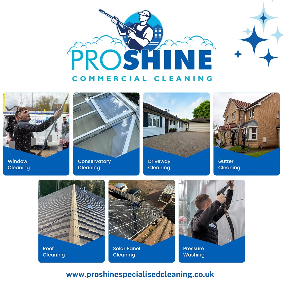 ✨ Transform your space with Proshine Specialised Cleaning! ✨ Whether it’s roof cleaning, builders cleans, or commercial window cleaning, we’ve got you covered with top-notch services tailored to your needs. 🌟
🚿 Let us bring the sparkle back to your property – from residential cleaning to preparing outdoor spaces for summer, we specialize in all aspects of cleaning that make a difference.
📞 Contact us today for your FREE quote at www.proshinespecialisedcleaning.co.uk)! Let’s make your space shine like never before. 💎
